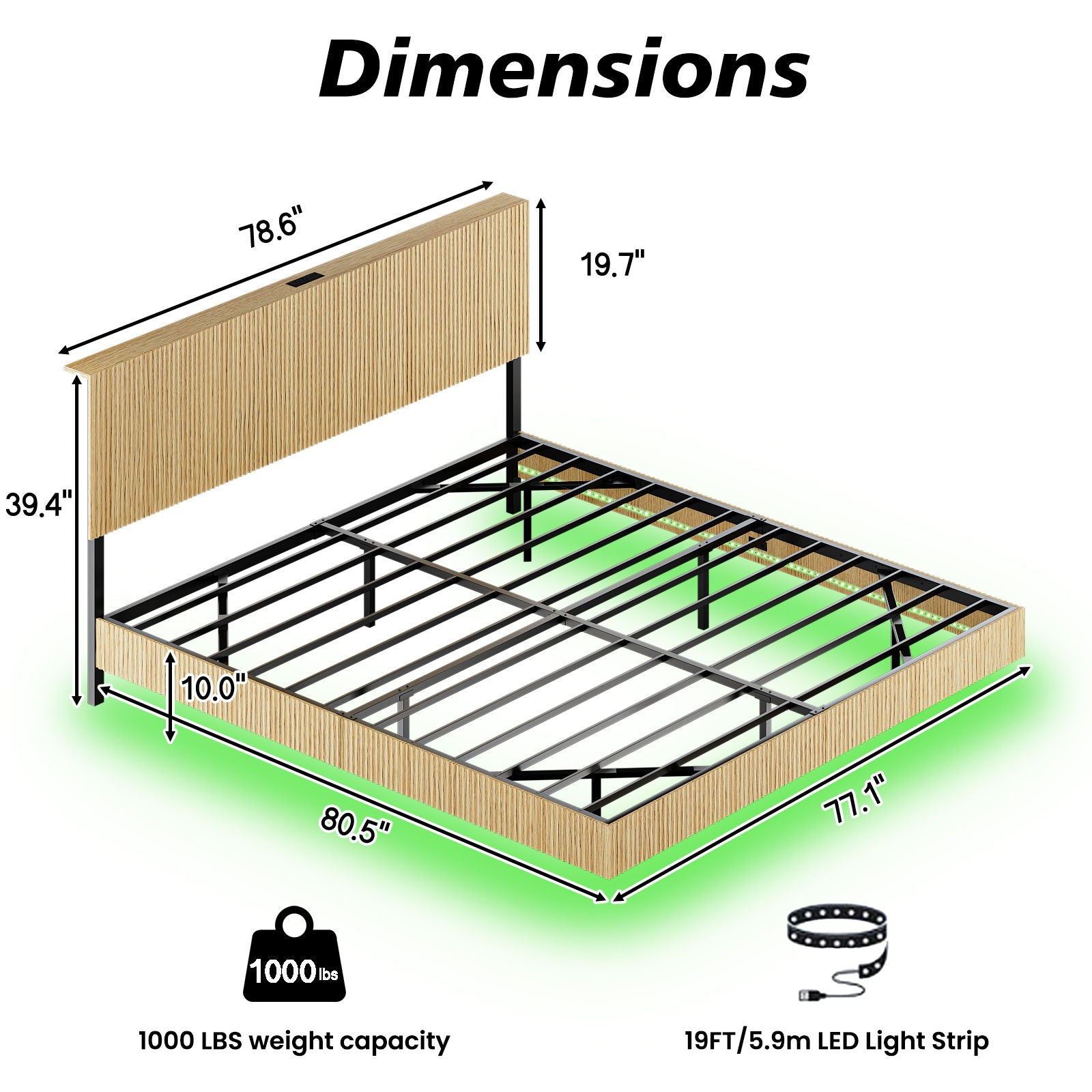 Floating Bedstead With Charging Station And LED Lights
