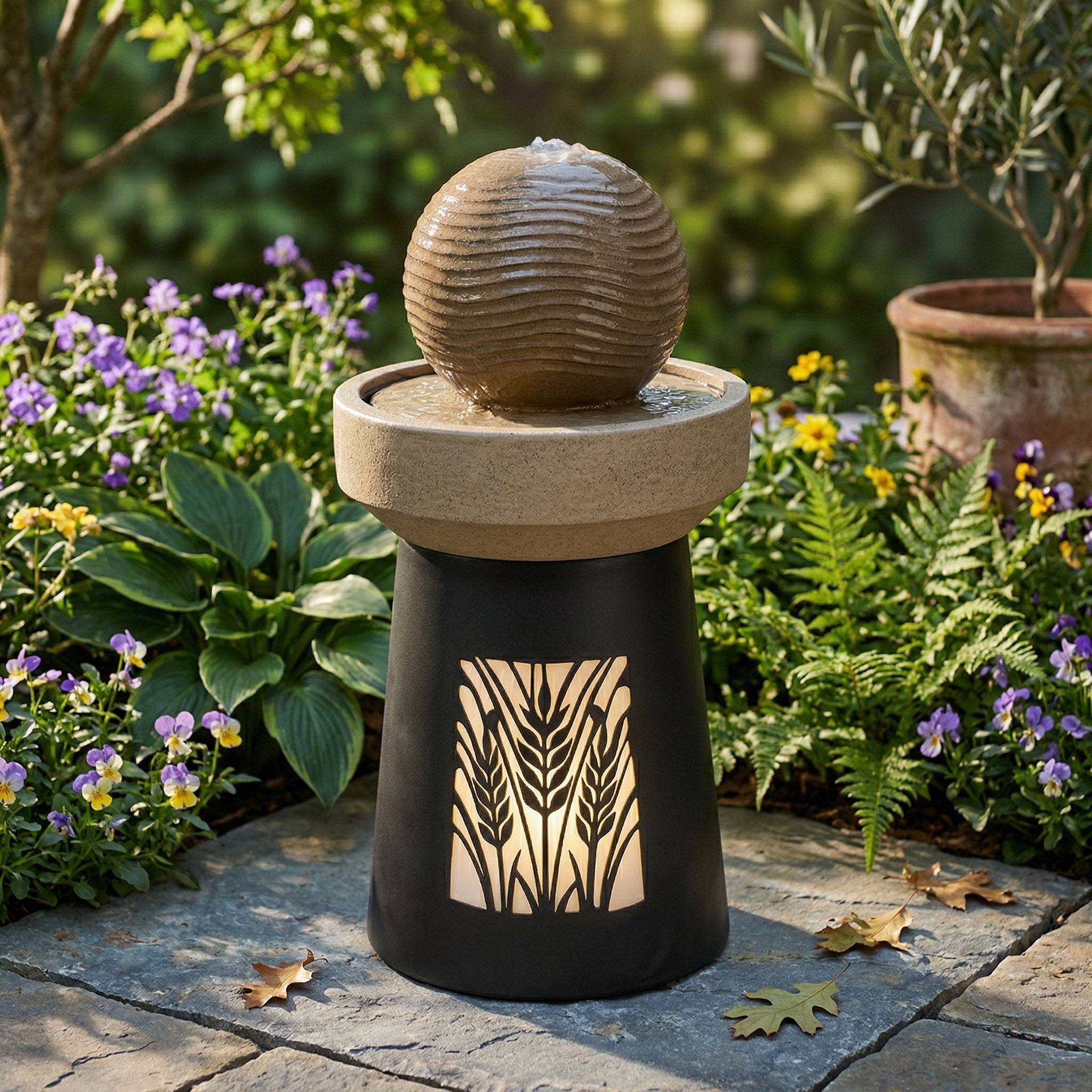 Outdoor Water Fountain, Warm LED Light - Brown
