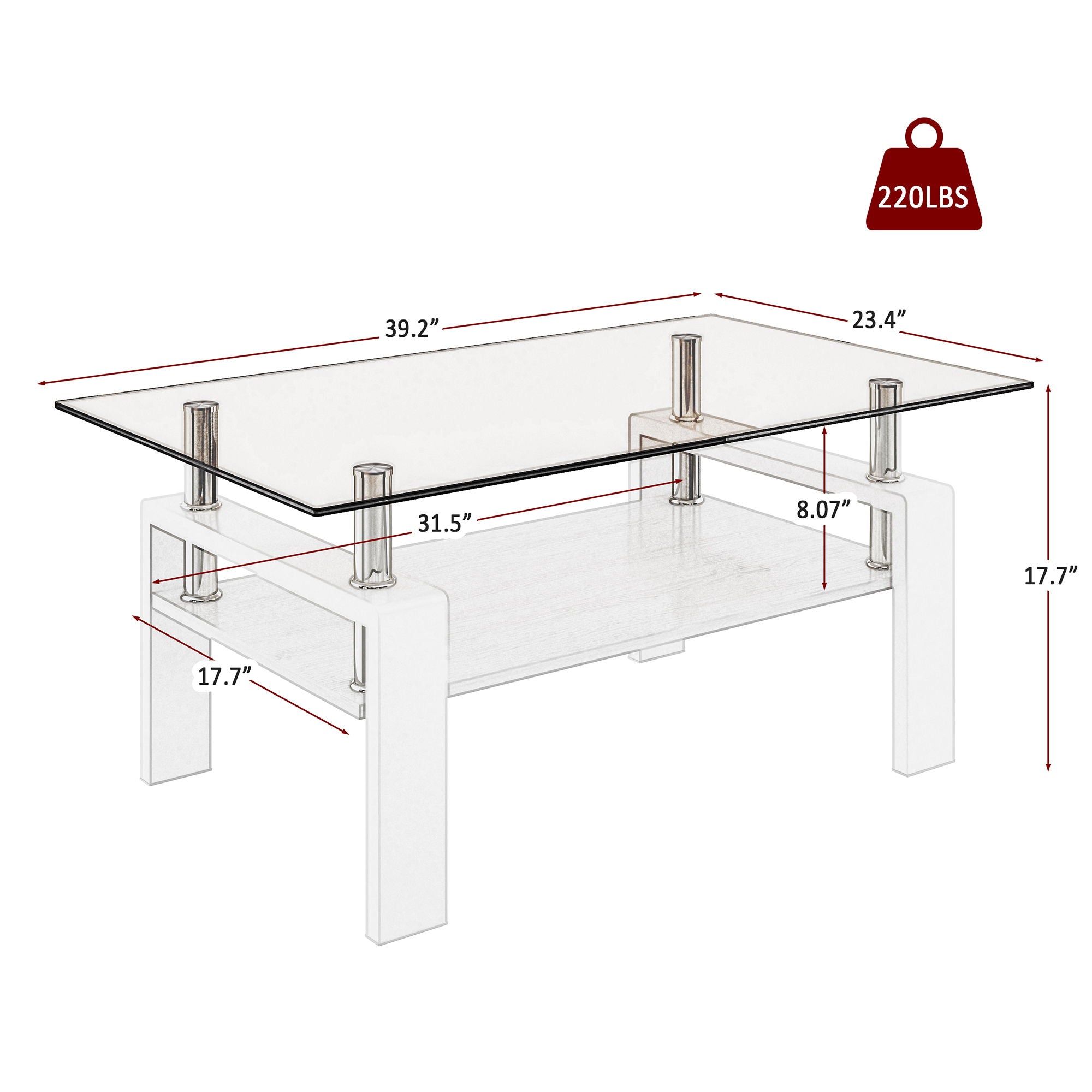 Modern Rectangular Coffee Table With Tempered Transparent Glass Top And Storage Shelf