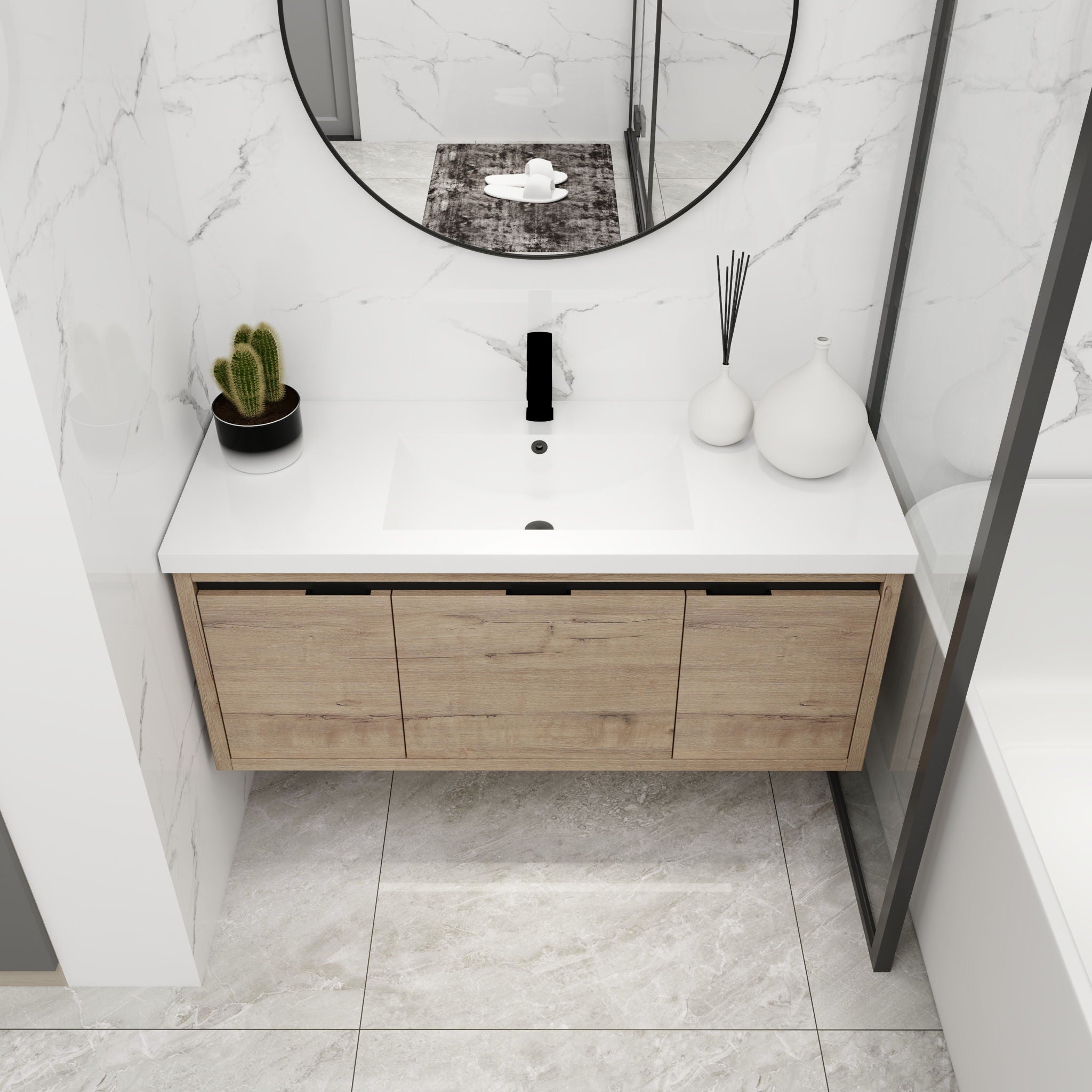Modern Floating Bathroom Vanity Cabinet With Resin Sink Soft Close Doors And Drawer - Imitative Oak