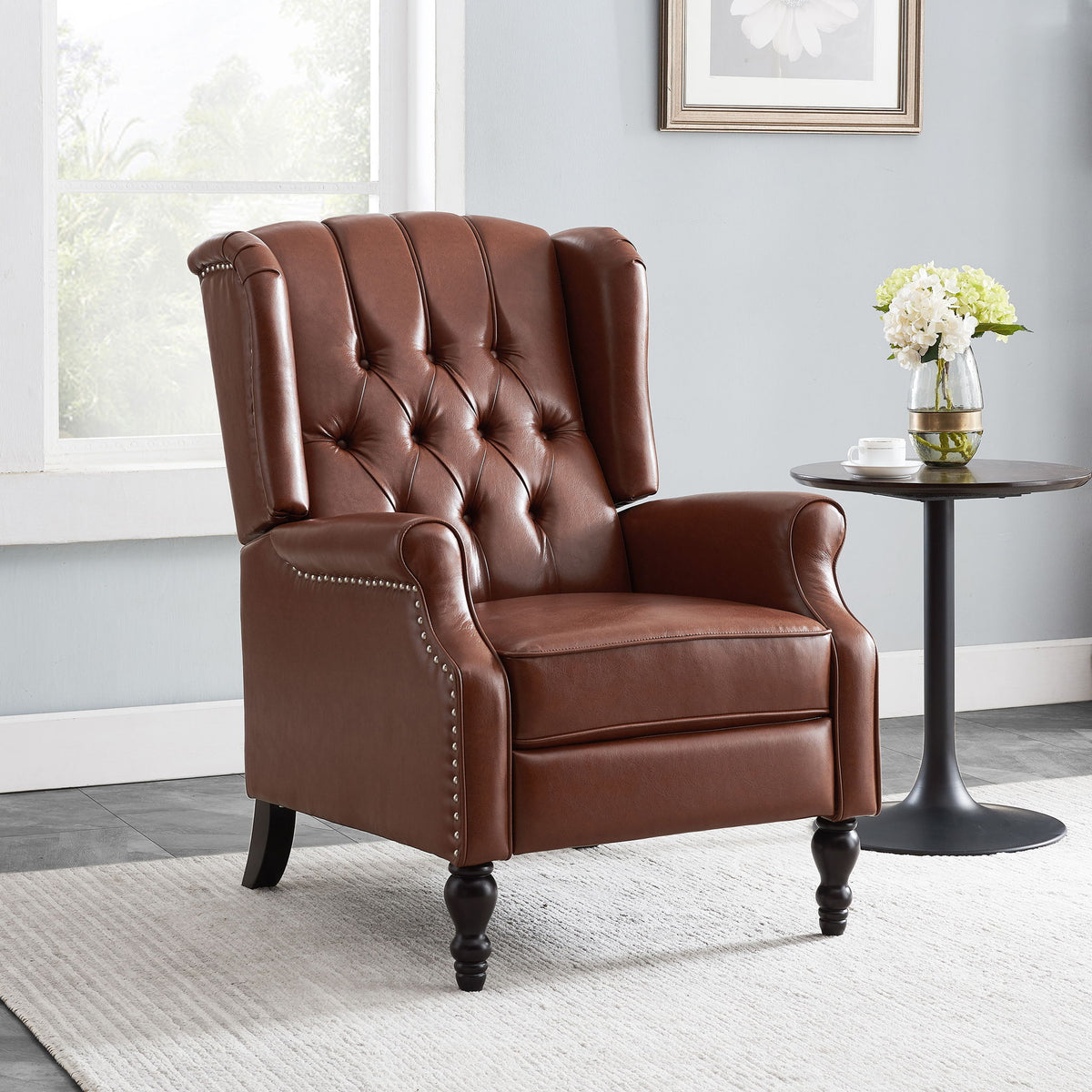 Upholstered Wingback Recliner With Nailhead Trim And Rolled Recessed Arms - Light Brown