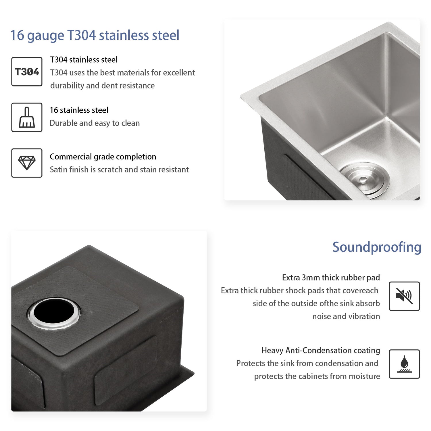 Undermount Stainless Steel Kitchen Sink, Deep Single Bowl Basin