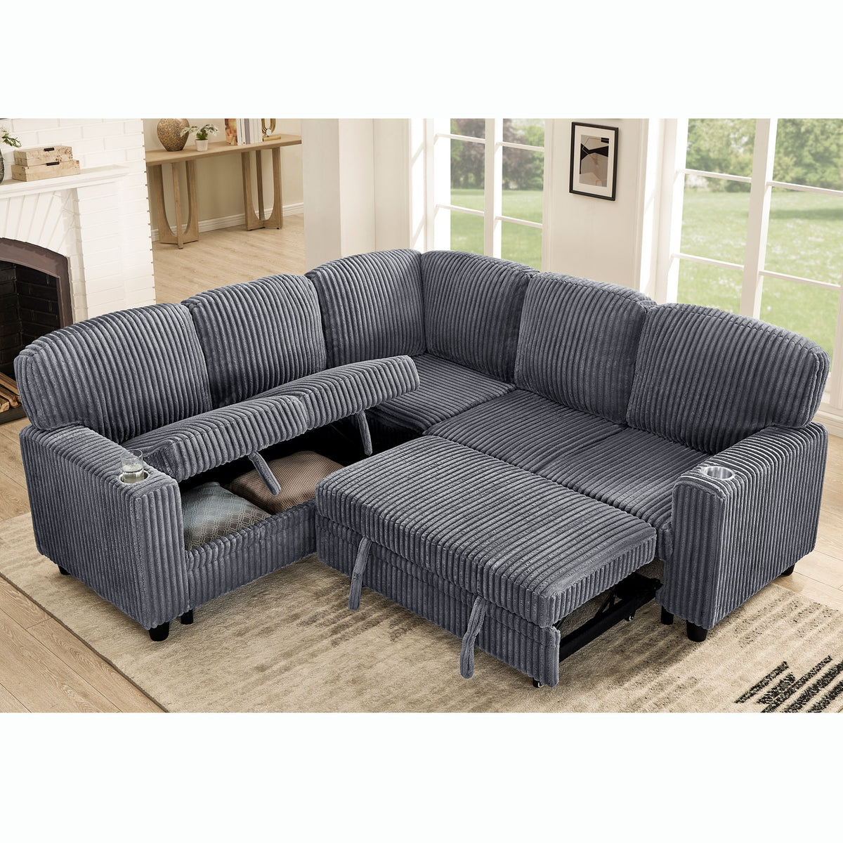 L-Shaped Sectional Sofa Bed With Pull Out Bed & Storage, 5 Seat Sleeper Couch With USB Charging For Living Room - Gray
