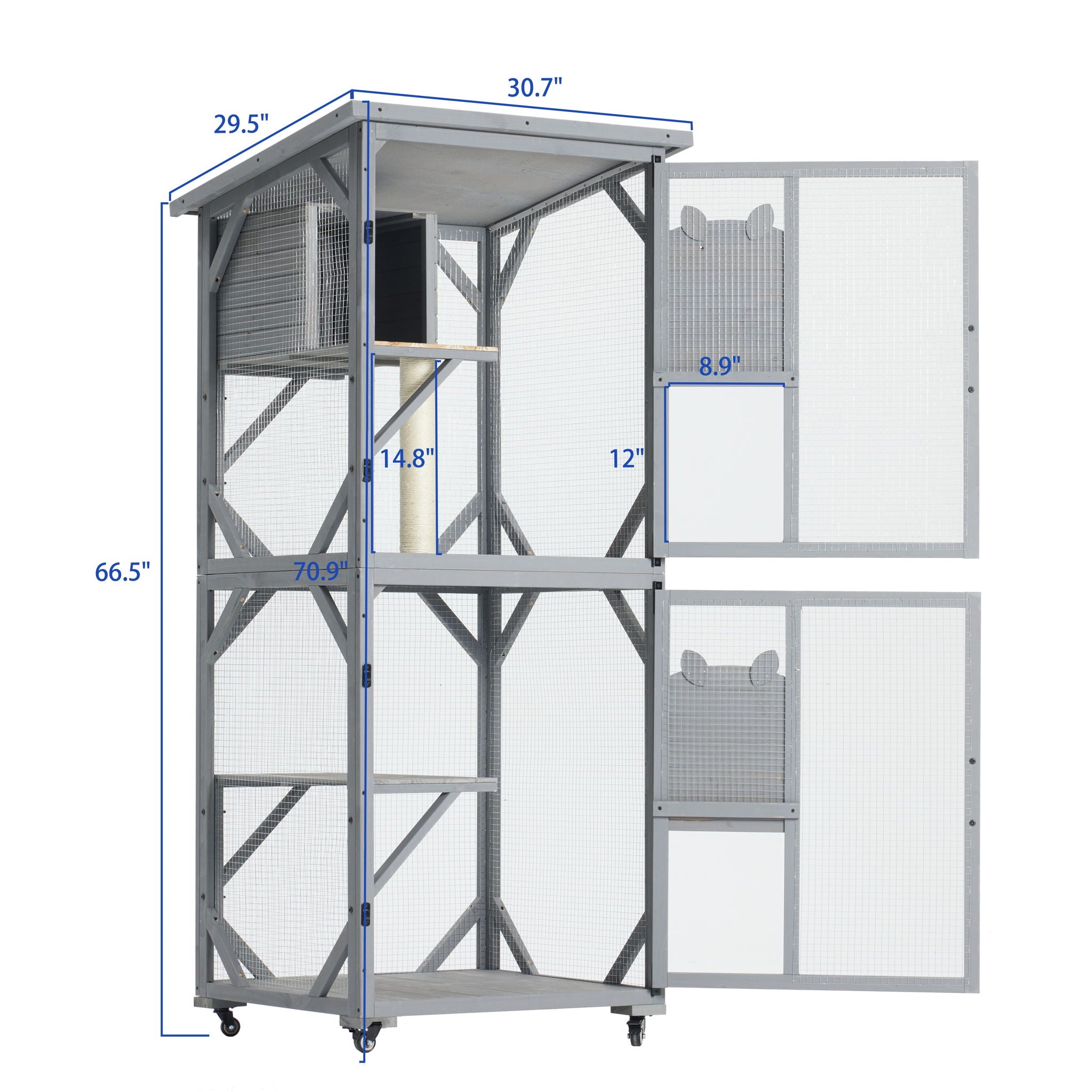Large Cat House Outdoor Catio Cat Enclosures On Wheels, Kitty House With Upgraded Resting Box Waterproof Roof - Gray