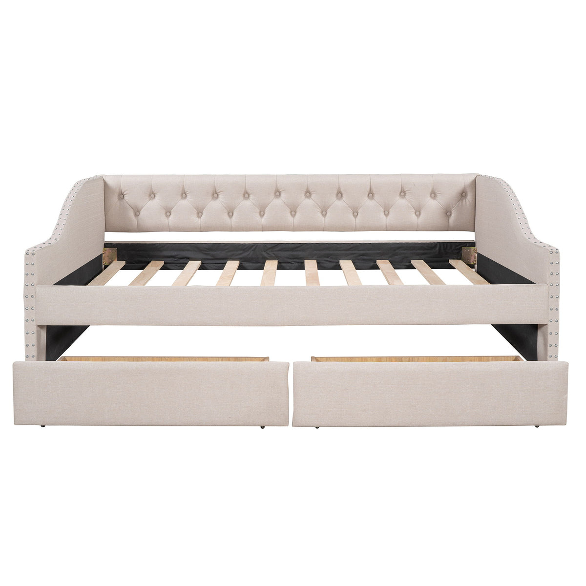 Upholstered Daybed With Two Drawers, Wood Slat Support