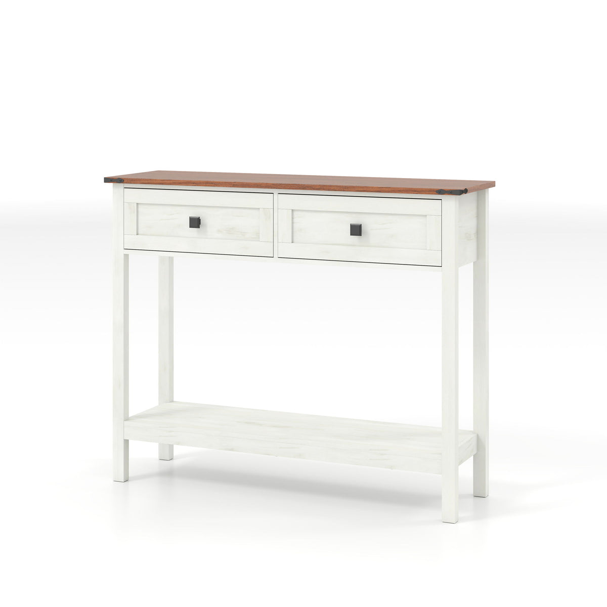 Farmhouse Style Console Table With 2 Drawers And Bottom Storage Shelf