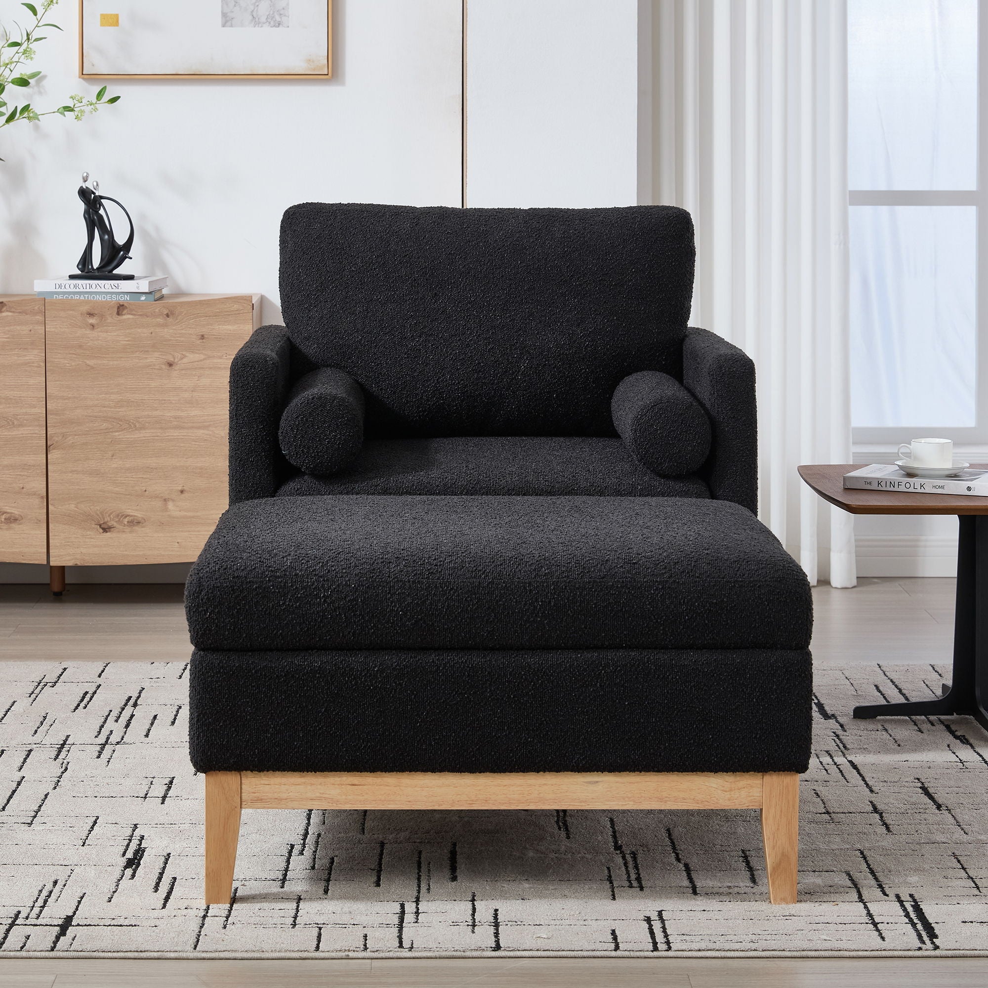 Farmhouse Upholstered Accent Chair With Ottoman Wood Base, Reversible Lid Coffee Table For Living Room - Black