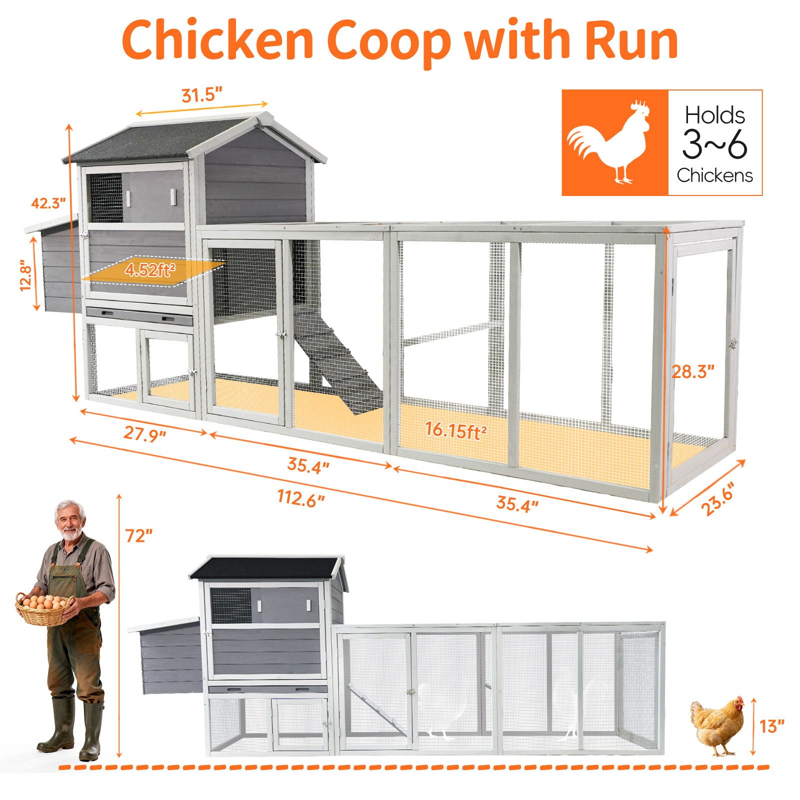 Chicken Coop, Large Outdoor Hen House With Run And Nesting Box Poultry Cage
