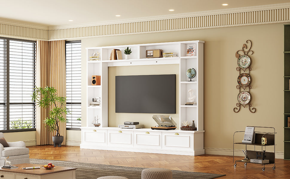 Large Wall Unit Entertainment Center with Bookshelves for TVs Up to 78" Modern TV Console with Cabinets and Open Shelves, 4-in-1 TV Stand with Golden Handles, White, 104.2&
