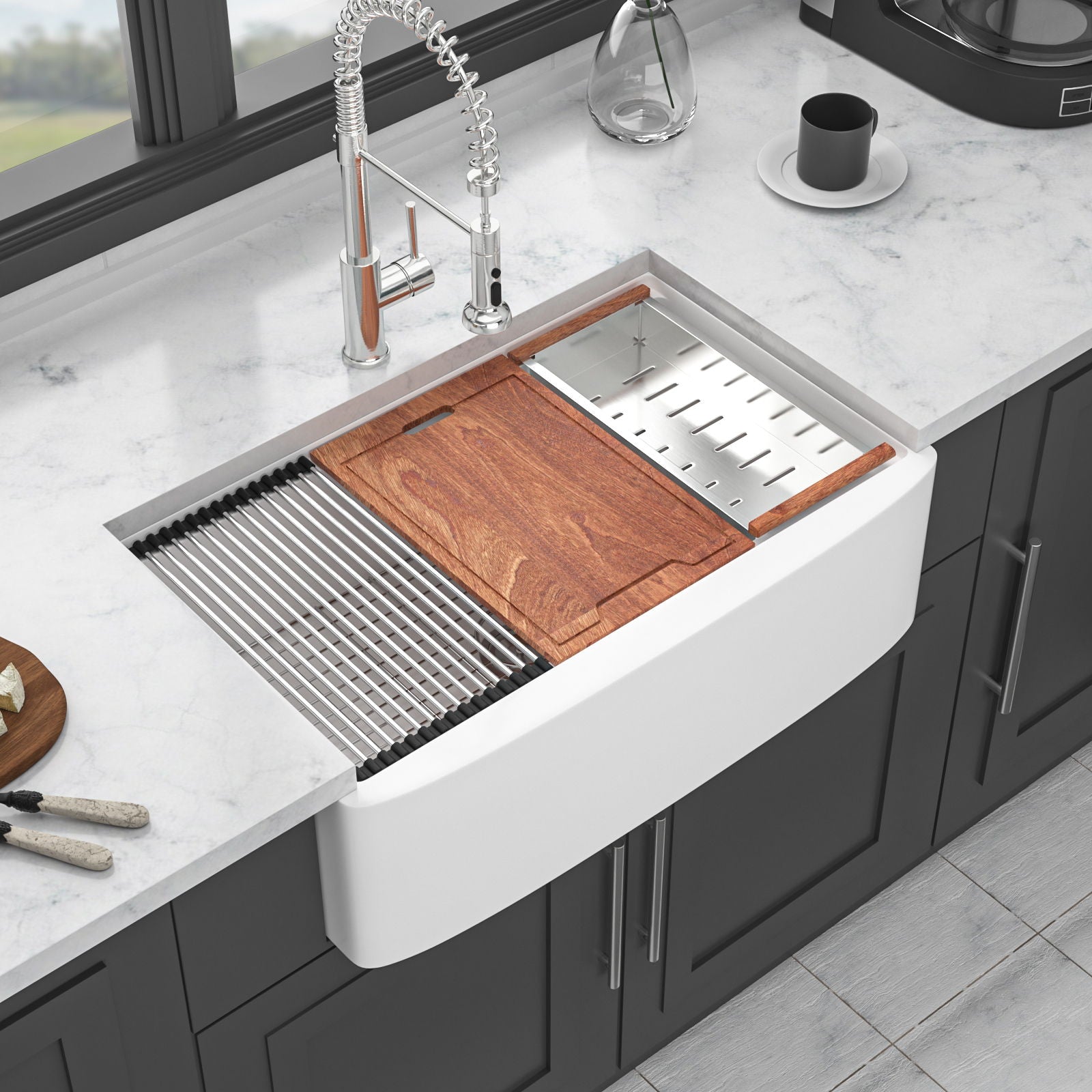 Classic Ceramic Farmhouse Sink Workstation Single Bowl With Durable Finish