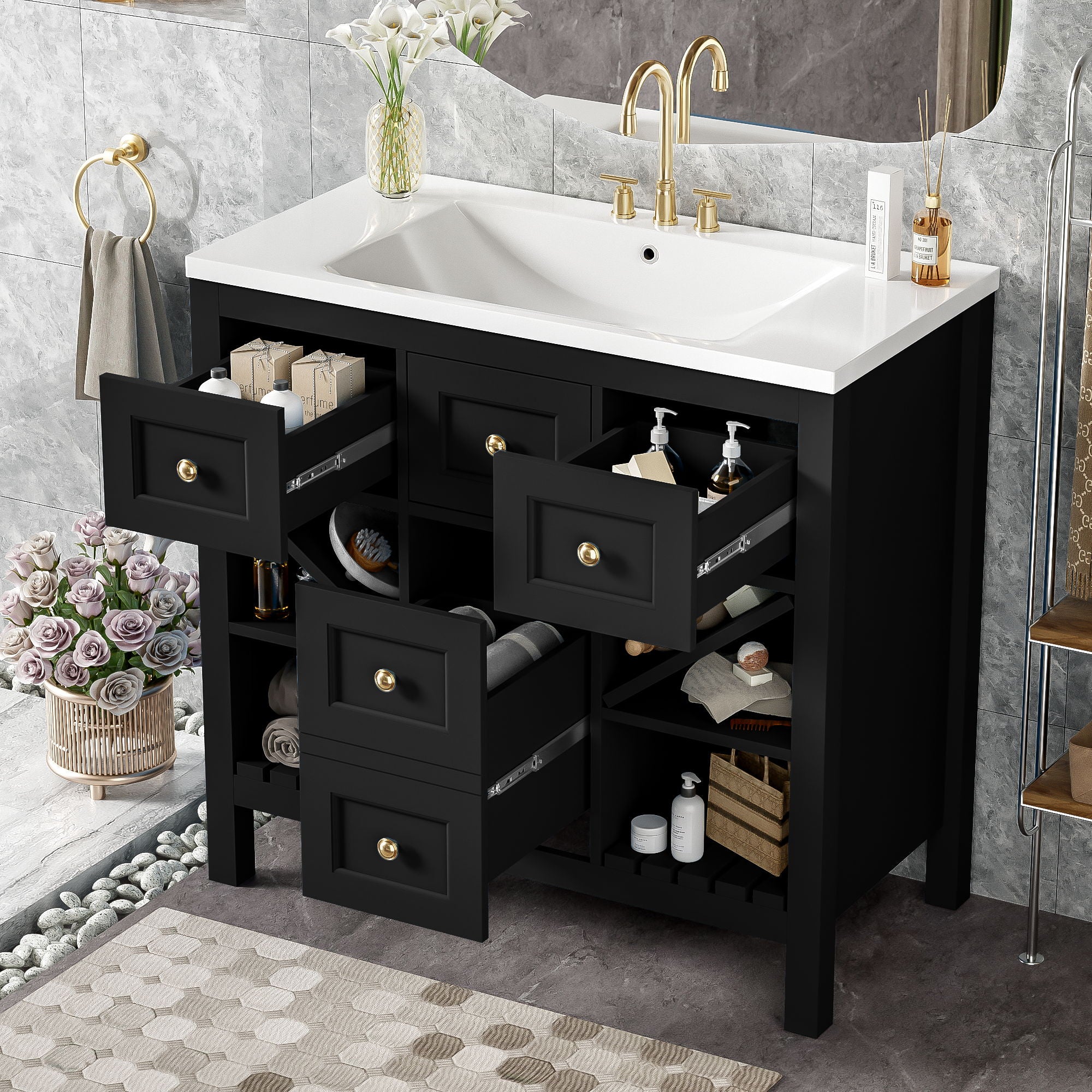 Bathroom Vanity With Sink, Freestanding Set With 5 Drawers
