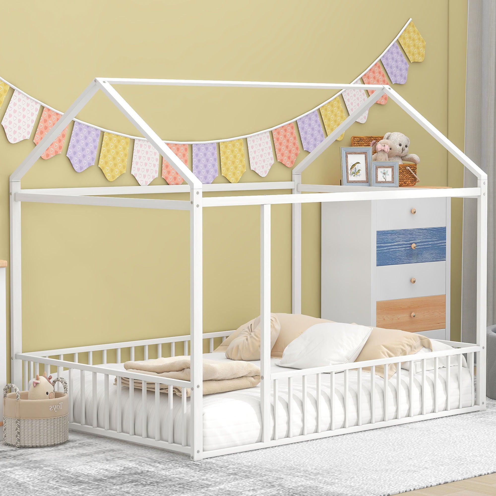 Metal Bed House Bed Frame With Fence