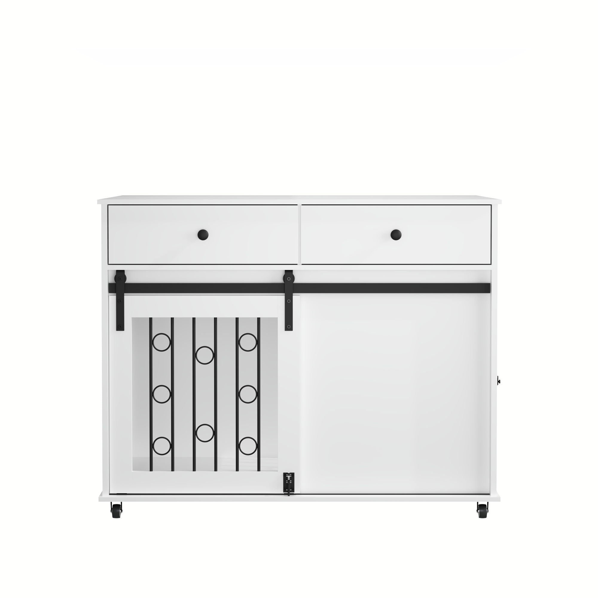 Dog Crate Furniture With Double Drawers And Sliding Barn Door, Pet Kennel For Small To Medium Dogs - White