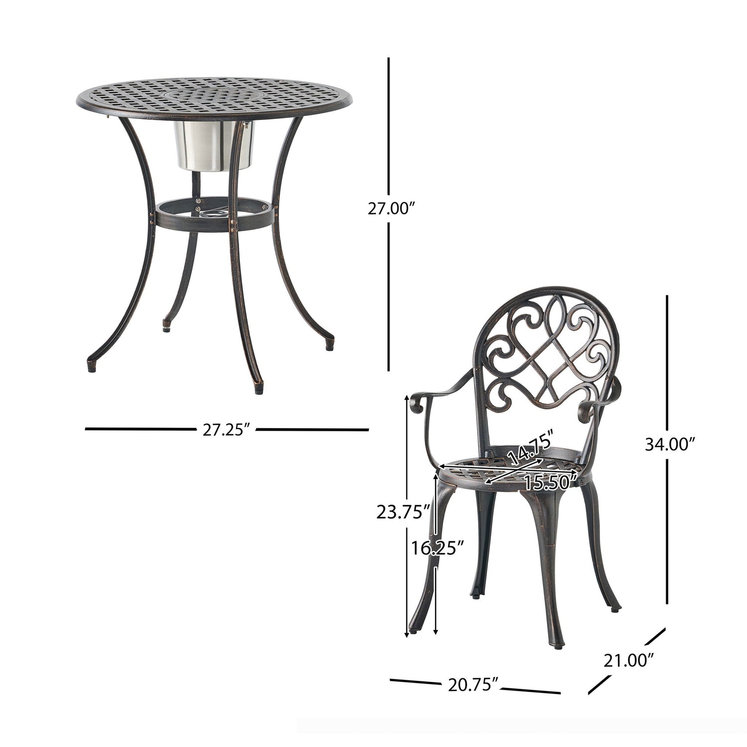 3 Piece Outdoor Aluminium Cast Bistro Set With Ice Bucket - Copper