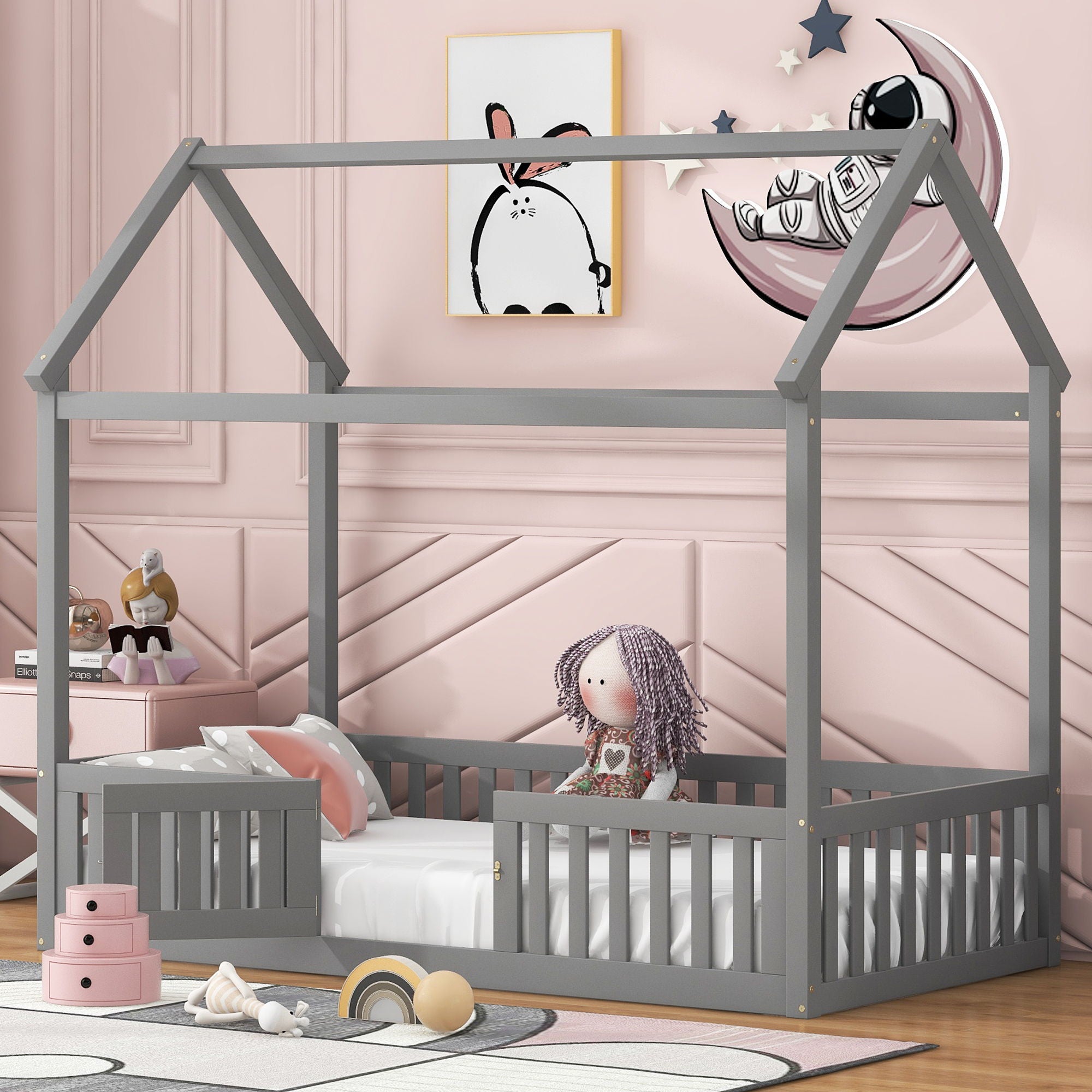 Wood House Bed With Fence And Door