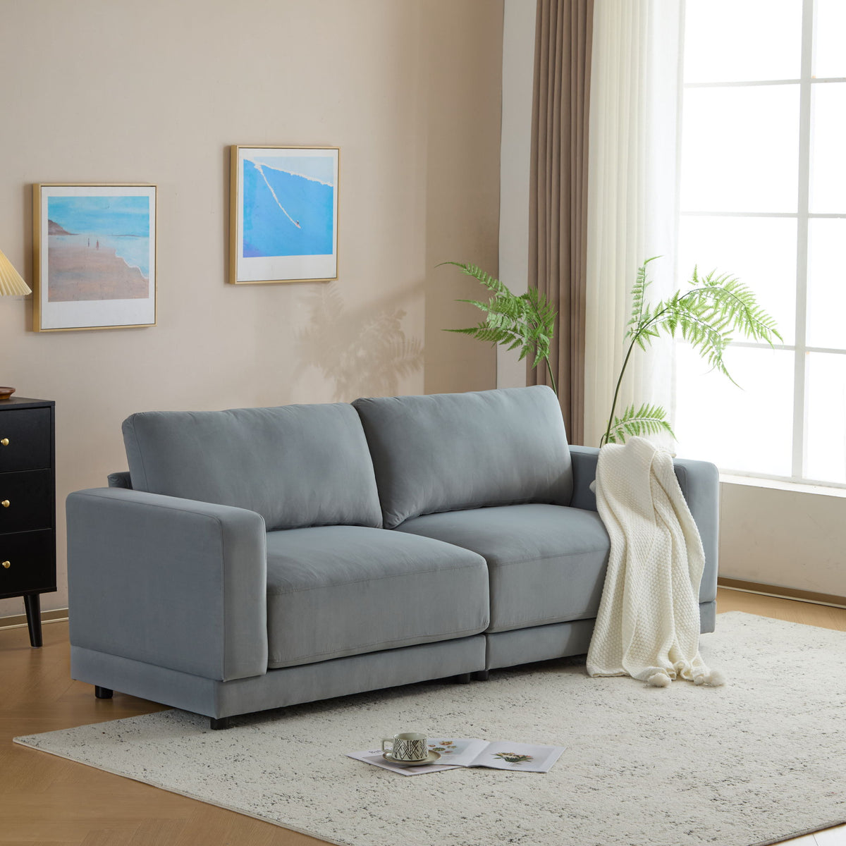 Modern Square Arm Sofa With Soft Fabric Upholstery, Deep Cushions