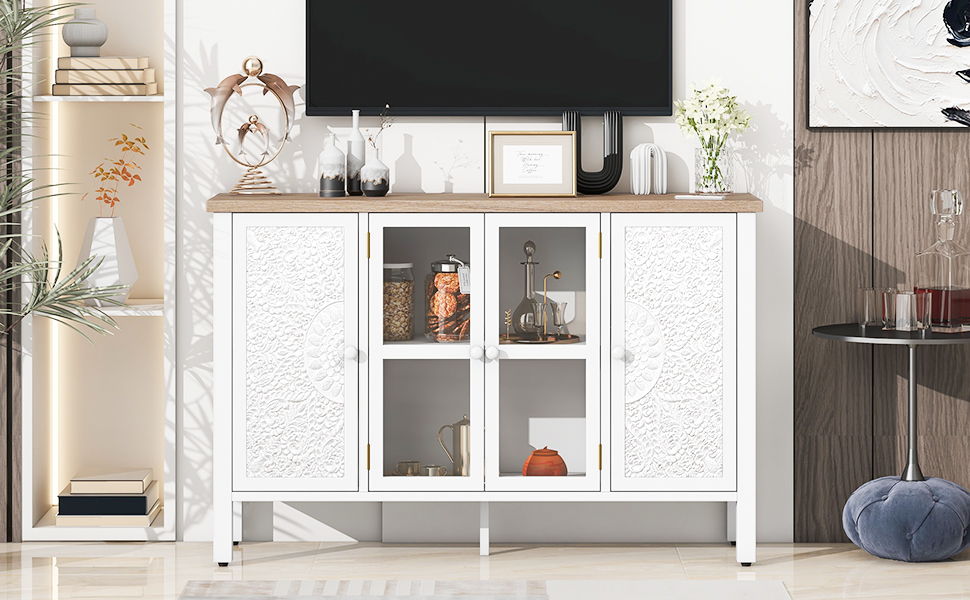 Retro TV Stand With 3 Spacious Cabinets, Glass Cabinet Doors And Anti-Tip Device