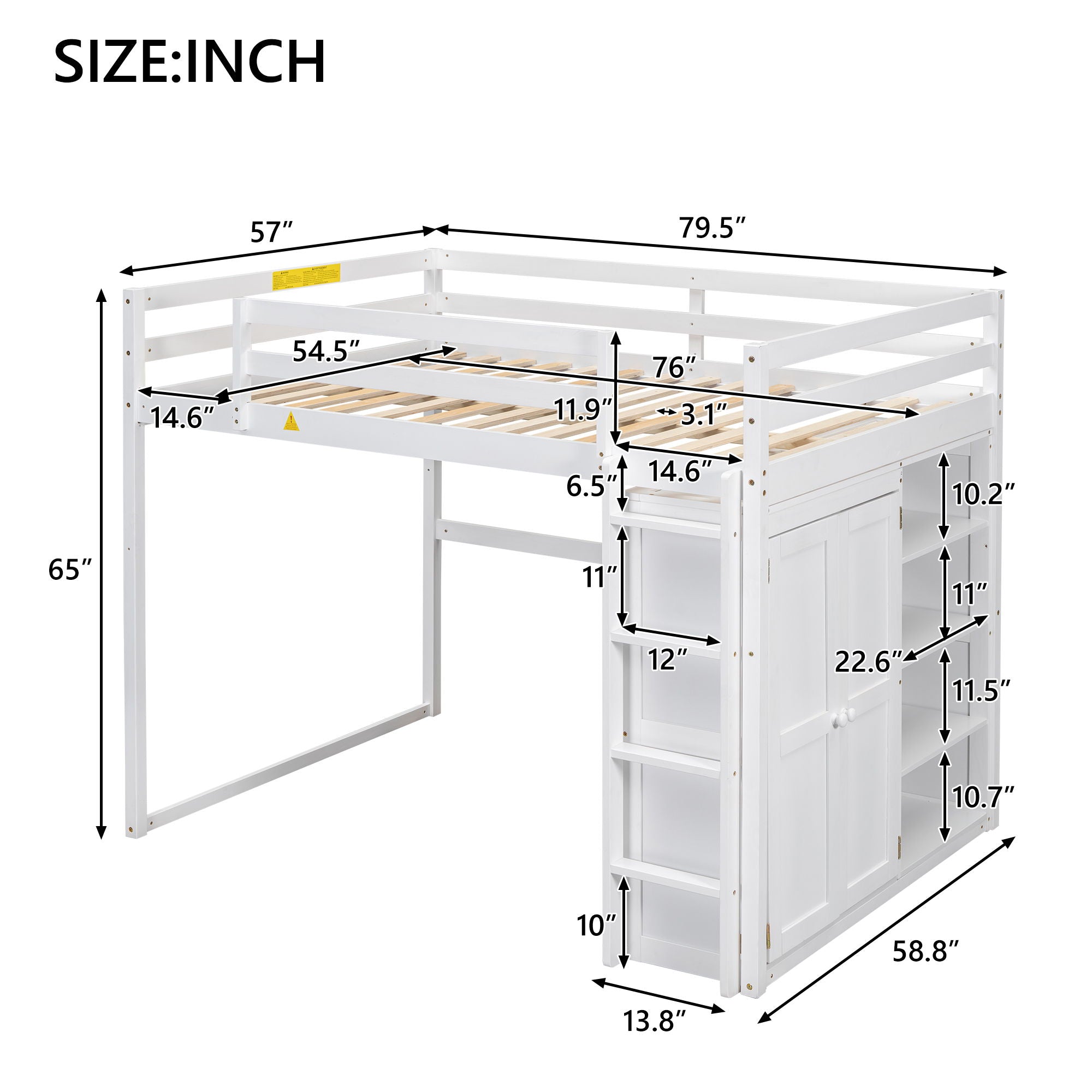 Loft Bed With Built In Wardrobe, Storage Shelves, And LED Light