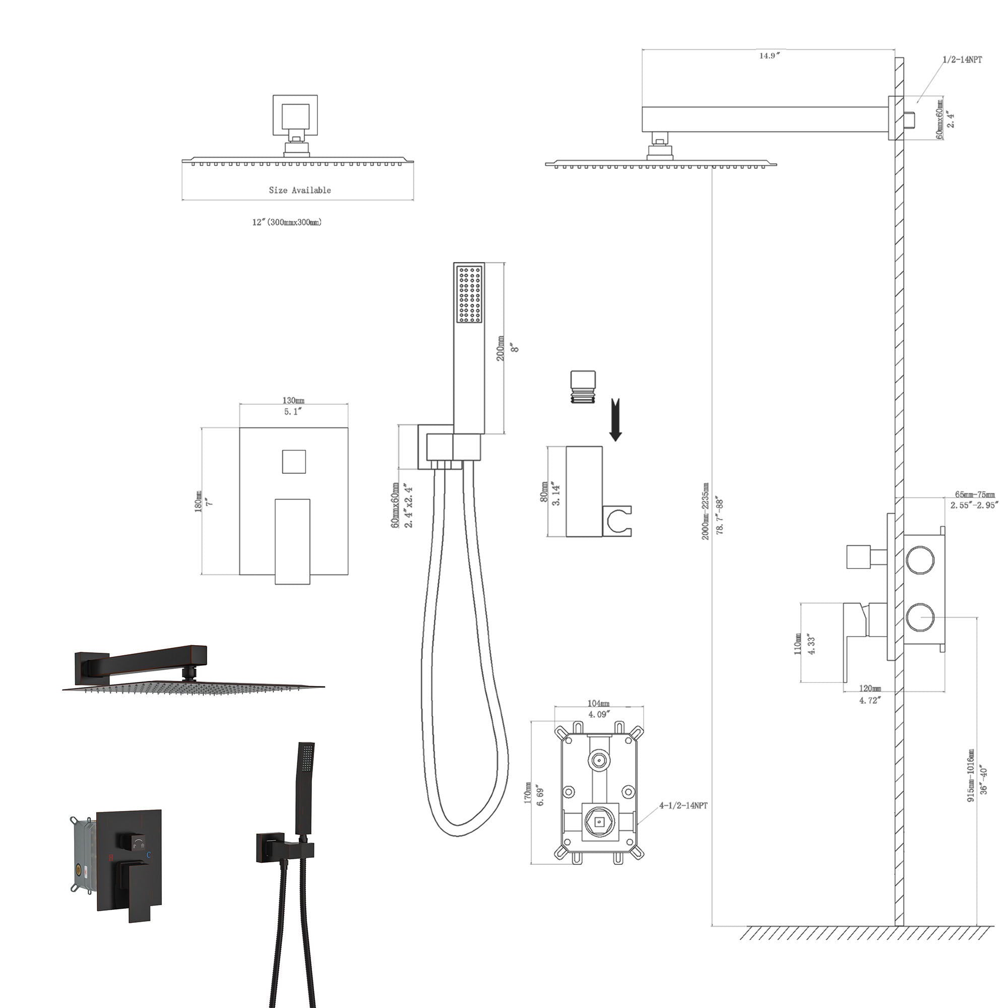 Dual Shower Head System With 12" Wall Mounted Square Rain Shower And Rough In Valve