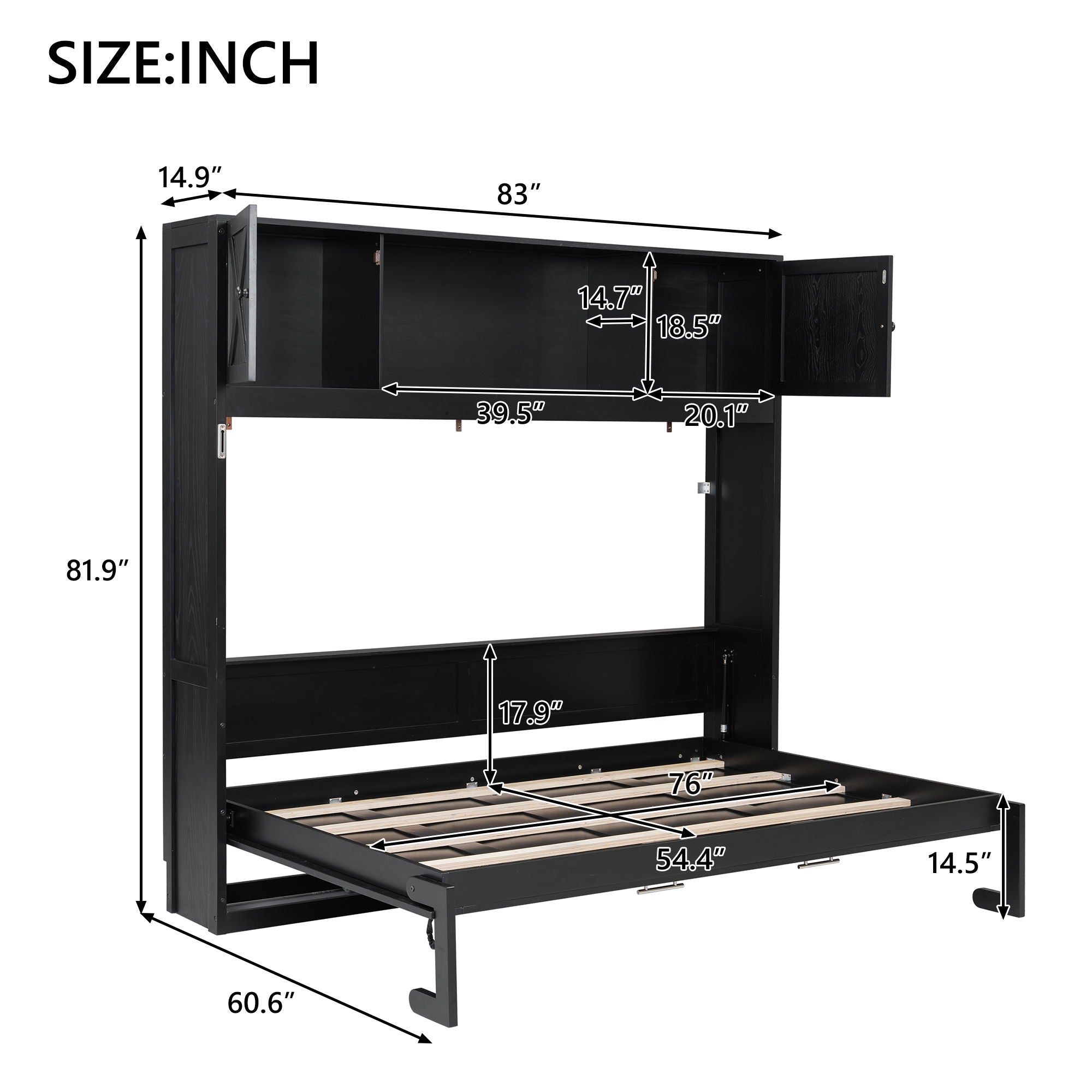 Full Size Murphy Bed With Storage Cabinets - Black