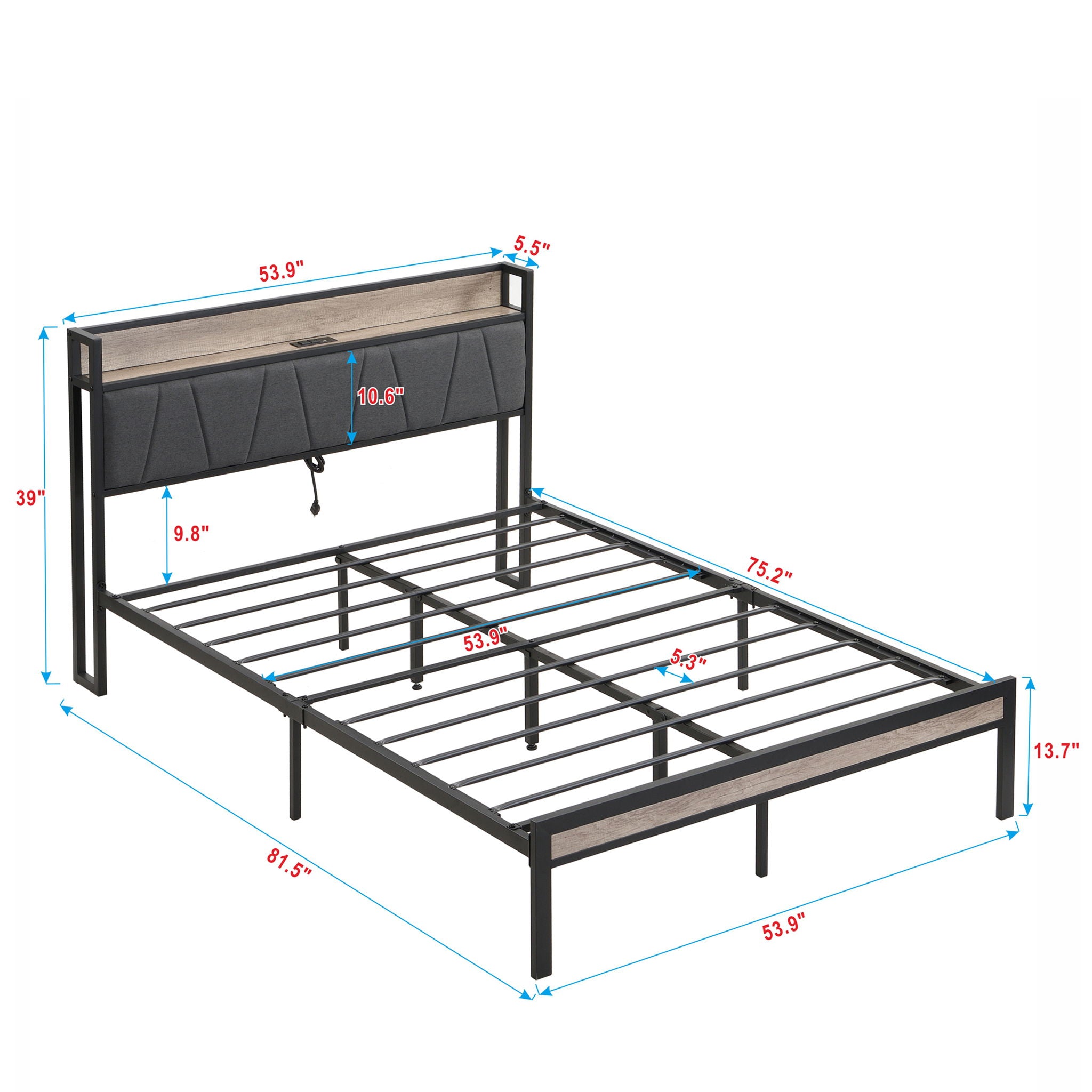 Modern Bed Frame With LED Lights, Upholstered Headboard, USB Charging