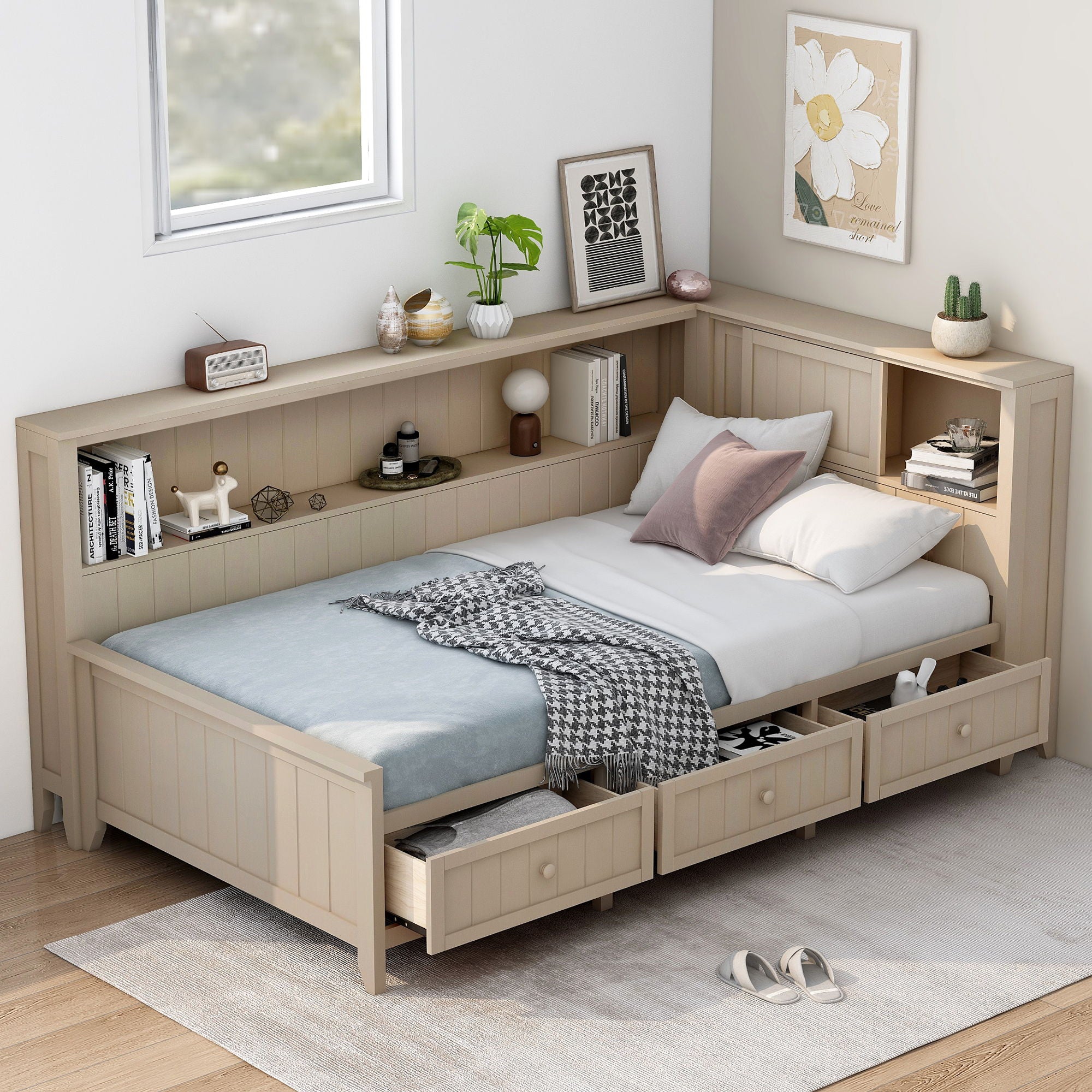 Daybed With Storage Shelves And 3 Drawers