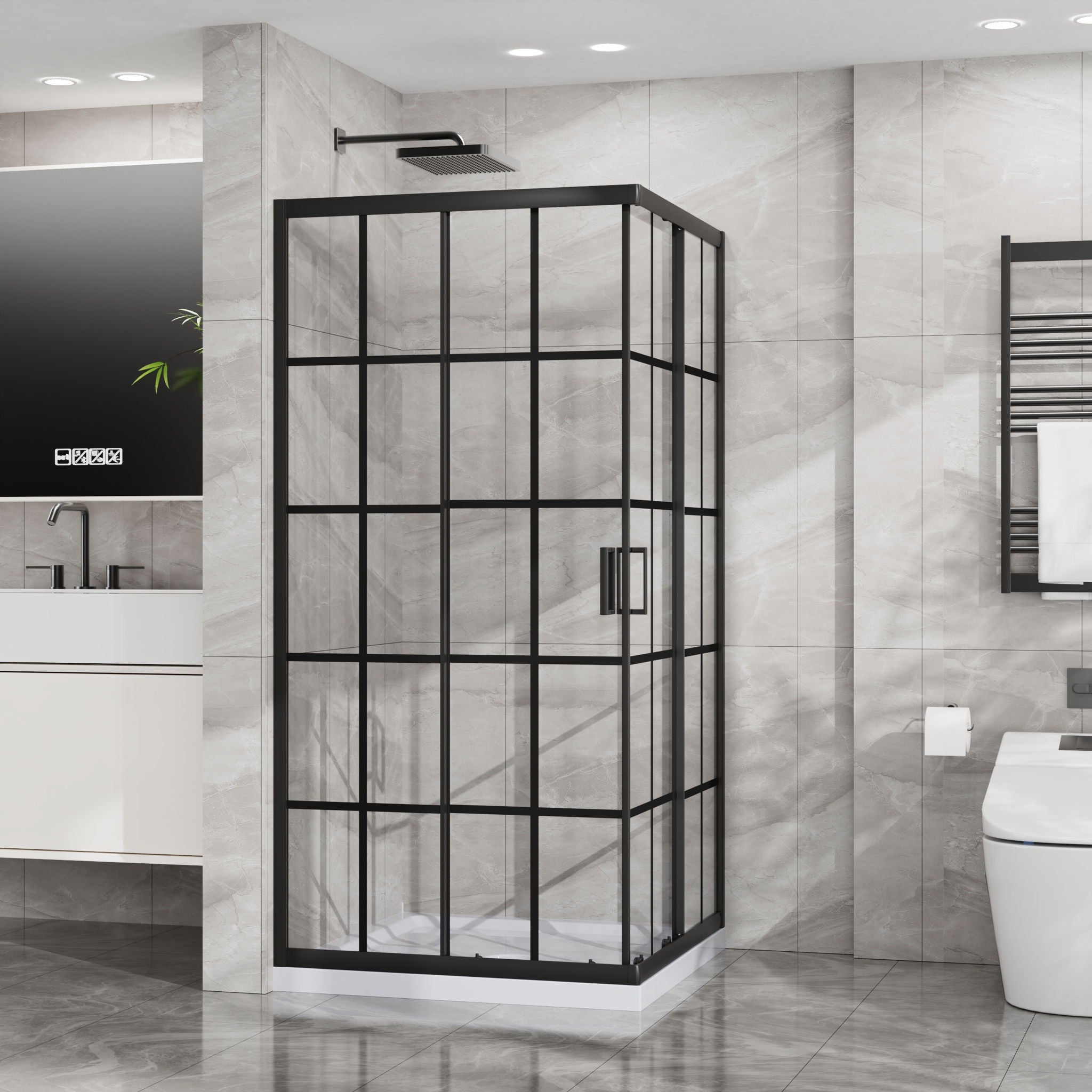 Corner Shower Enclosure Double Sliding Door & Shower Base - Matte Black