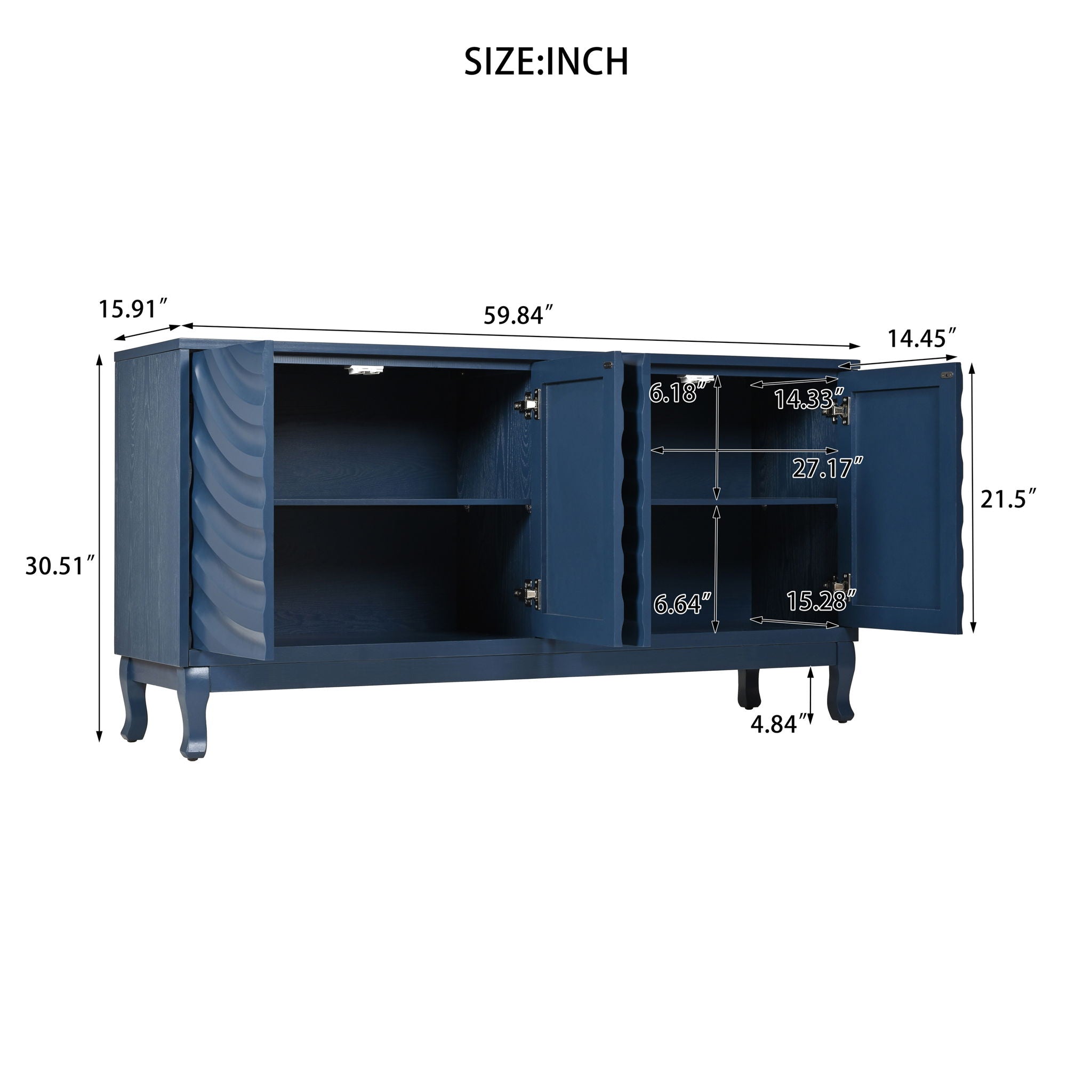 Elegant Sideboard With Sophisticated Wavy Pattern Doors And Arched Groove Design, Adjustable 4 Door Layout