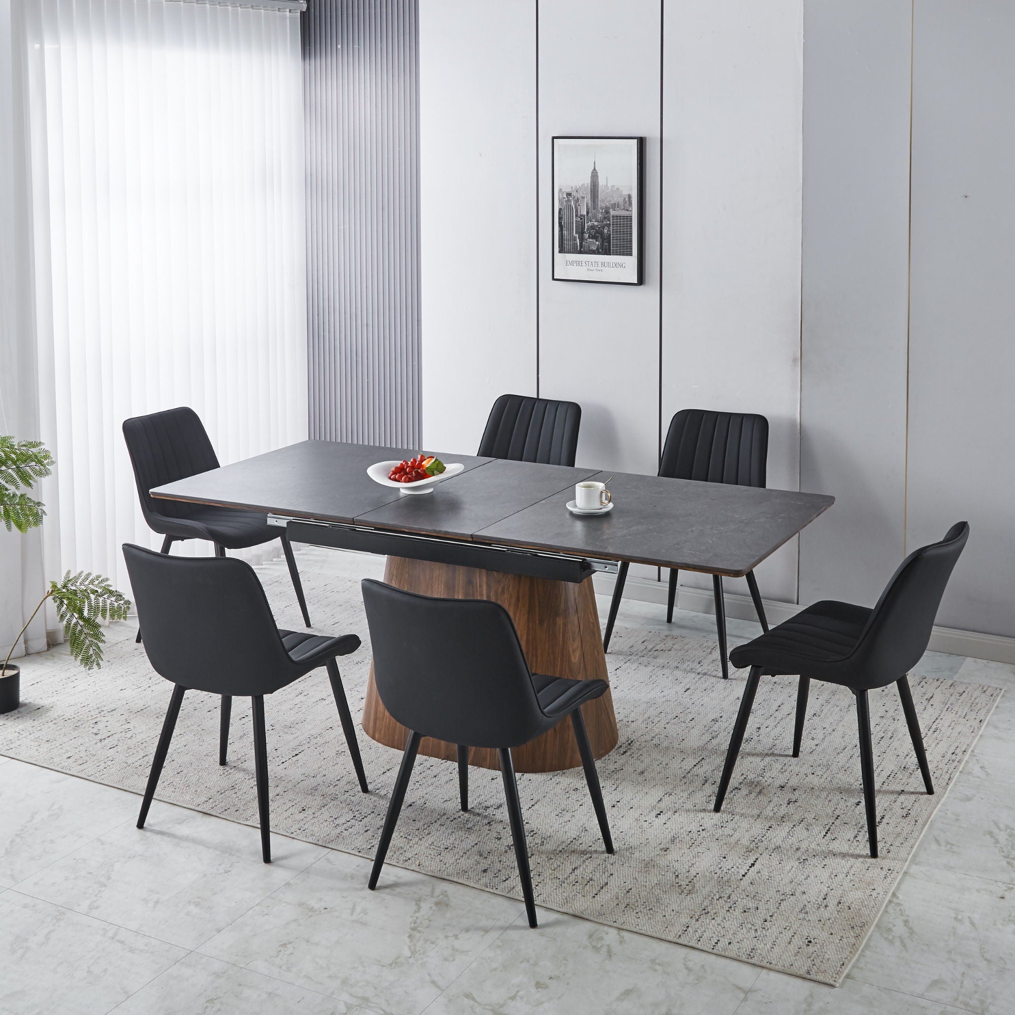 Extendable Dining Table With Cone Base And 6 Dining Chairs - Brown / Black