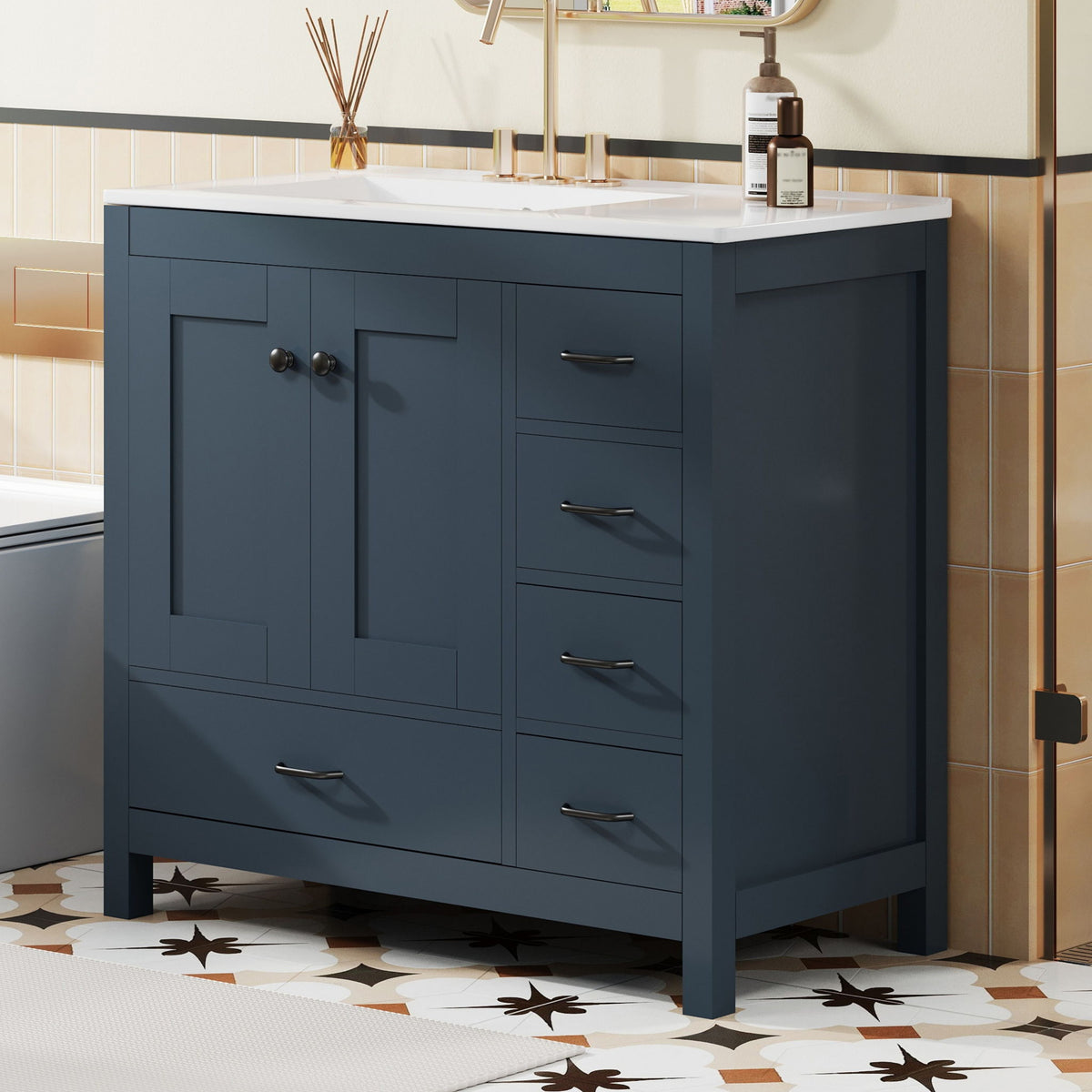 Bathroom Vanity With Ceramic Sink Combo, Abundant Storage Cabinet 2 Soft Close Doors And 5 Drawers