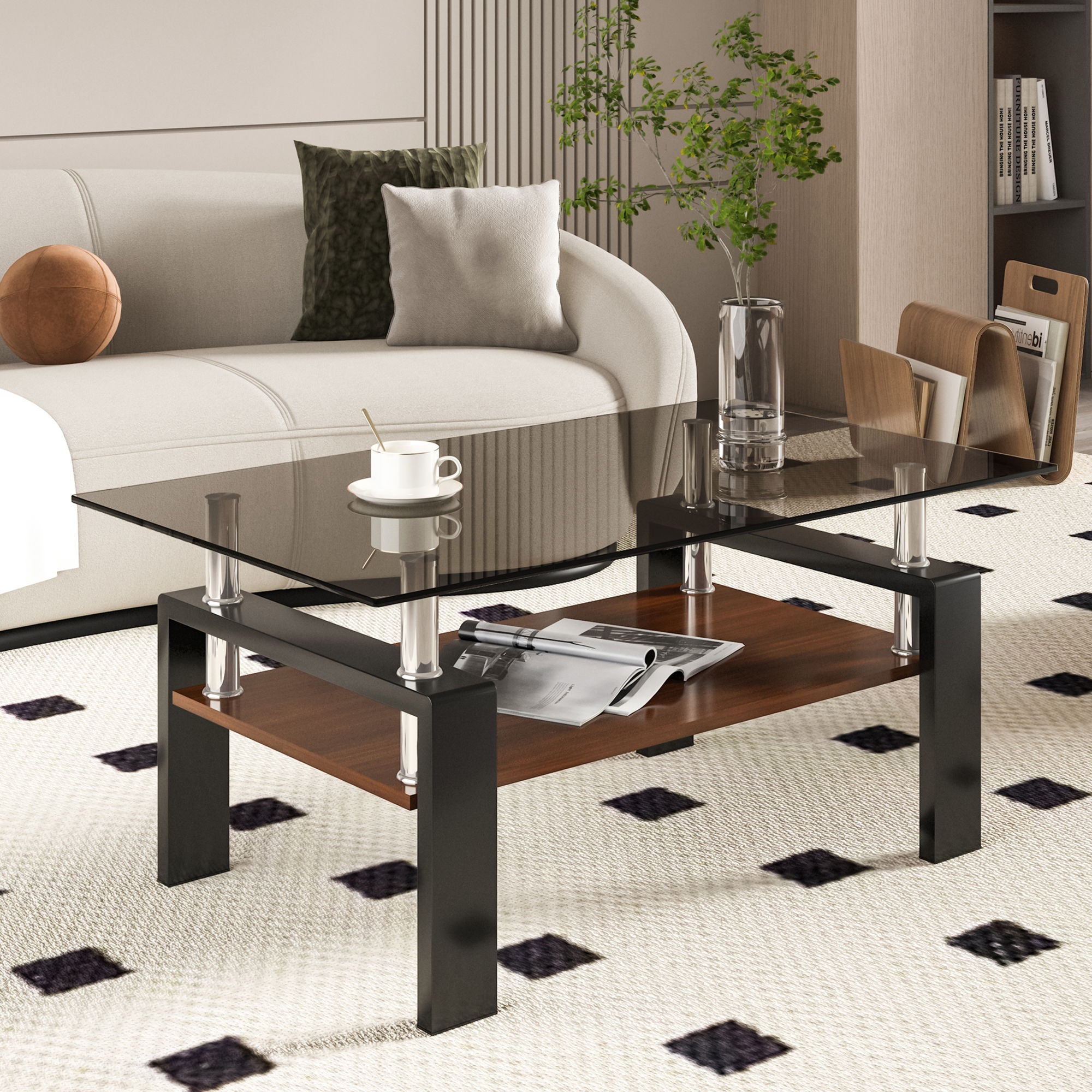 Modern Rectangular Coffee Table With Tempered Transparent Glass Top And Storage Shelf