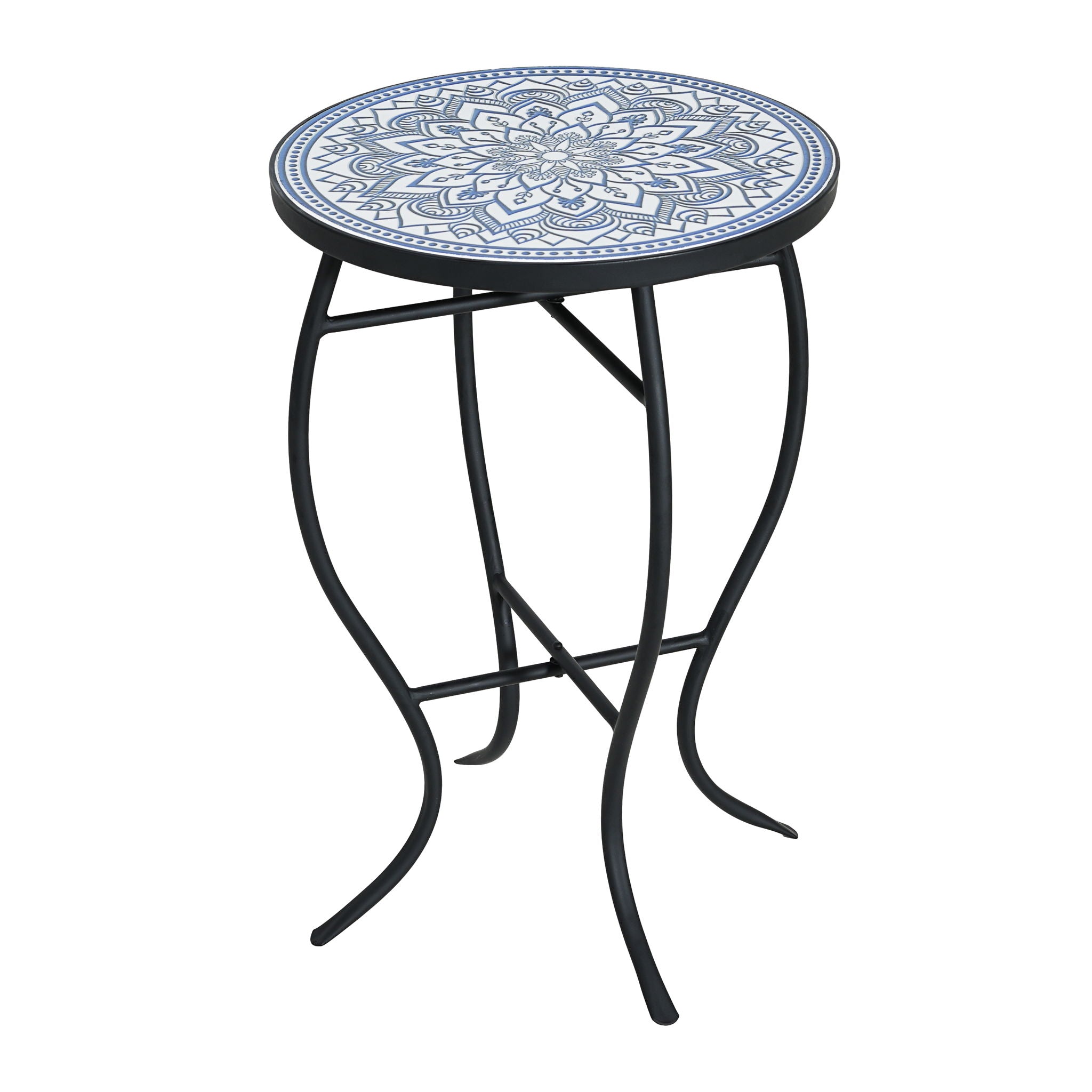 Outdoor Round Side Table With Mosaic Style Top And Curved Iron Legs