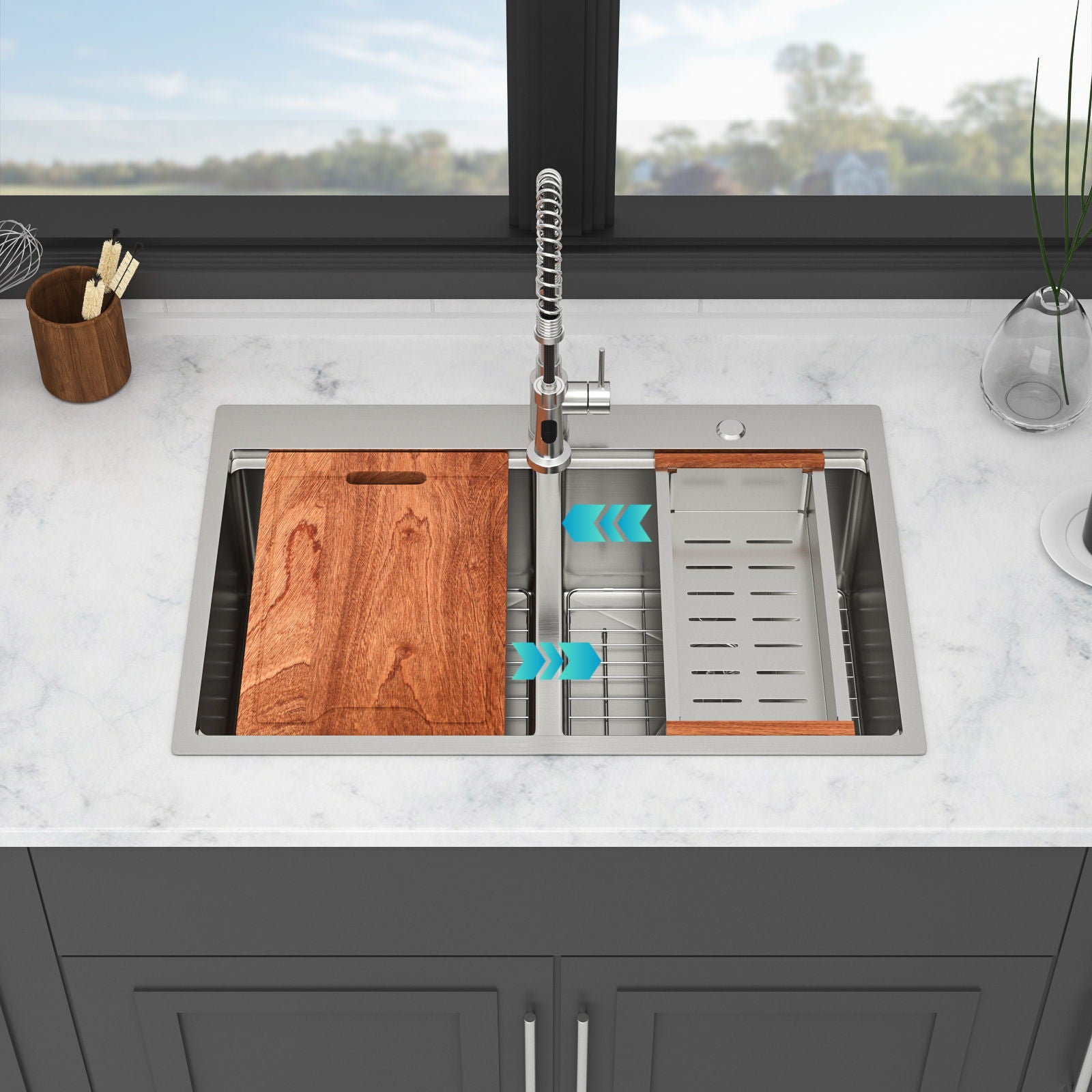 Topmount Drop In Kitchen Sink, Double Bowl 50 / 50 - Brushed Nickel