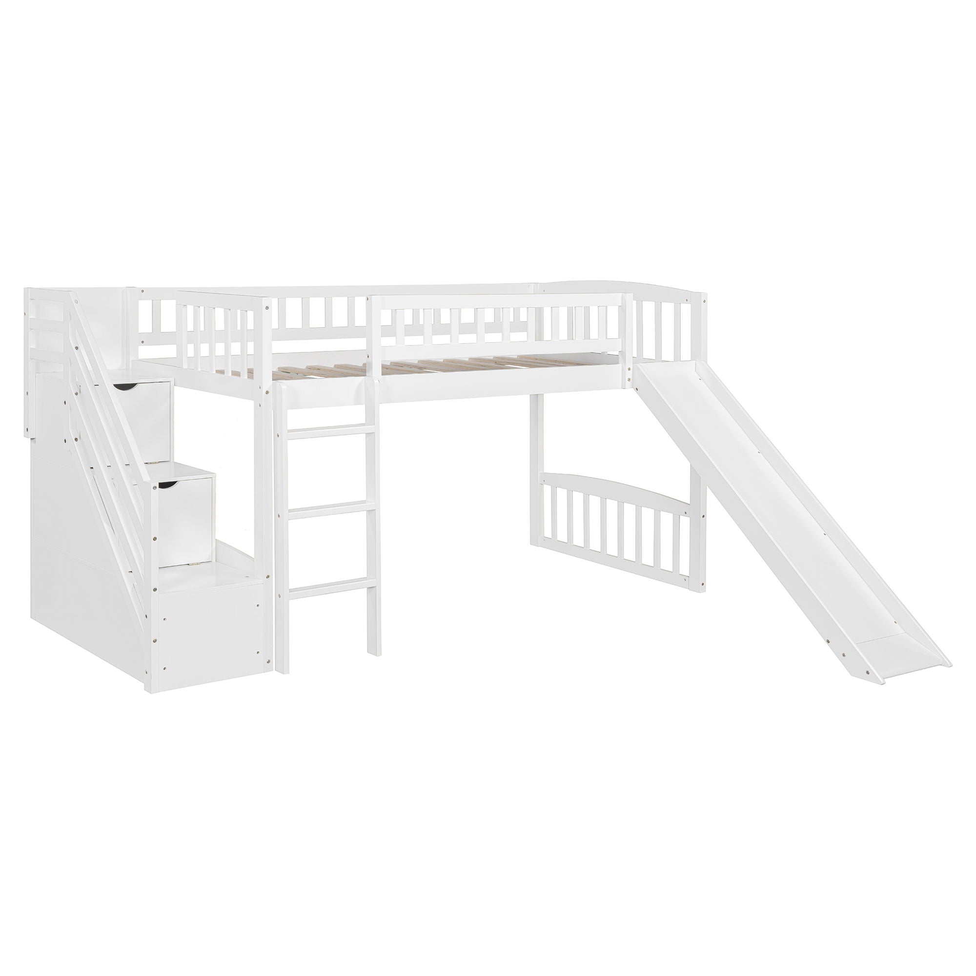 Loft Stairway Bed With 2 Drawers, Convertible Ladder And Slide