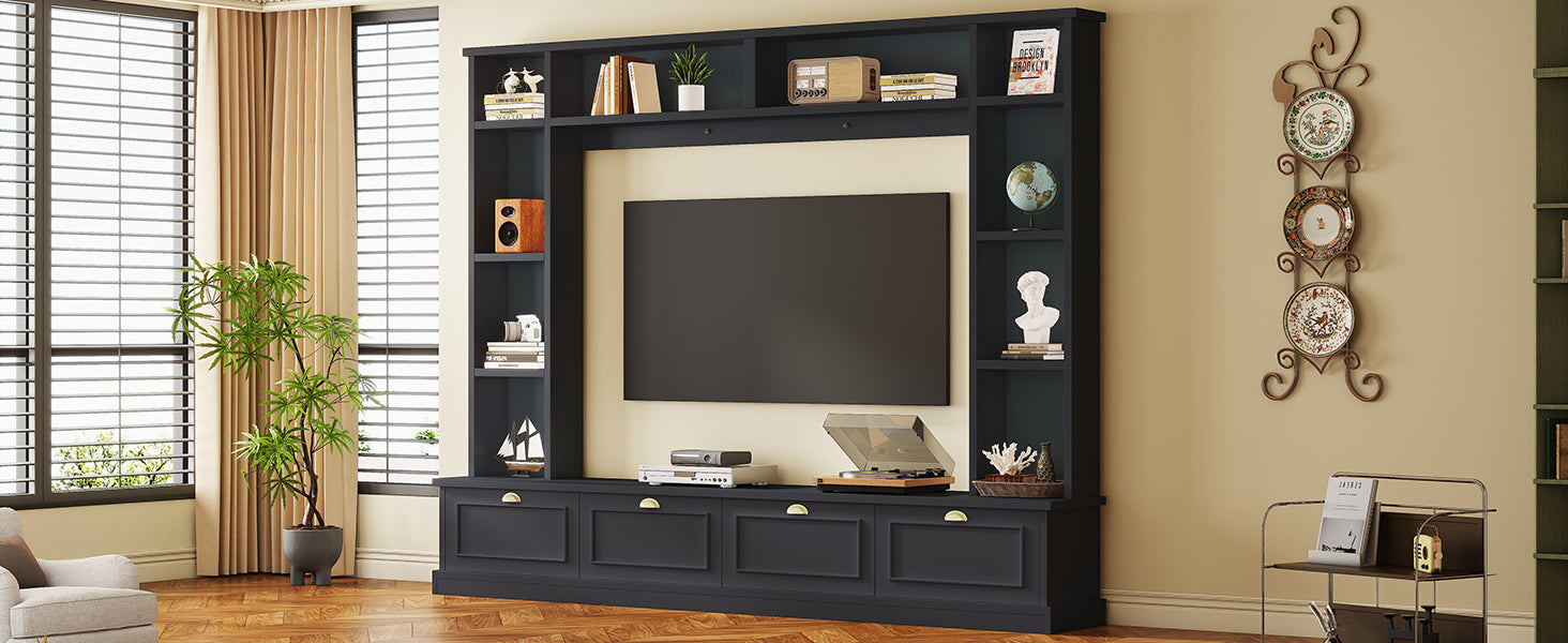 Large Wall Unit Entertainment Center with Bookshelves for TVs Up to 78" Modern TV Console with Cabinets and Open Shelves, 4-in-1 TV Stand with Golden Handles, Black, 104.2&