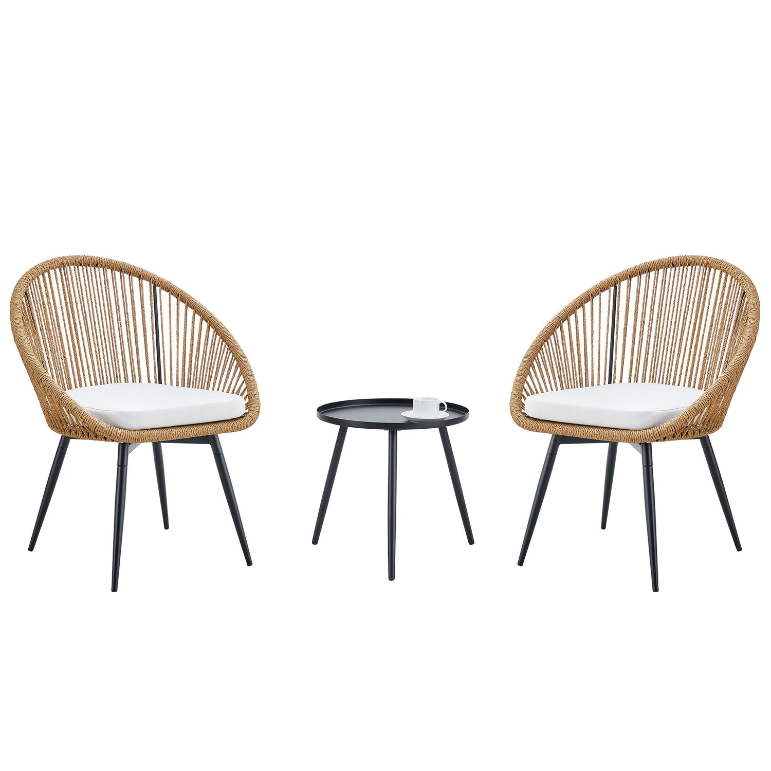 Modern 3 Piece Set, Anti - Spill Round Coffee Table, 2 Rattan Swivel Chairs, Outdoor Patio Furniture For Tea Time - Black / Wood