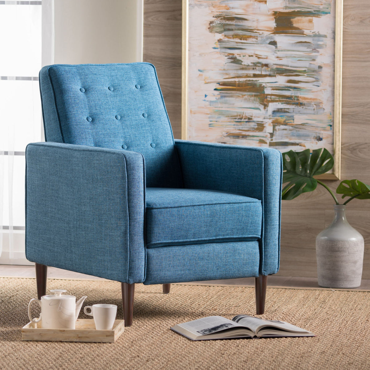 Mid-Century Modern Recliner With Button Tufted Waffle Stitch