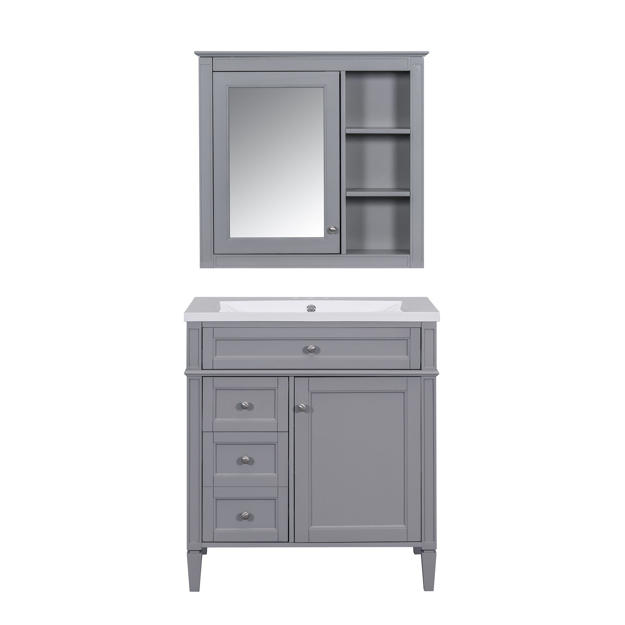 Bathroom Vanity With Medicine Cabinet, Royal Mirror Cabinet, Modern Bathroom Storage Cabinet With 2 Soft Closing Doors And 4 Drawers