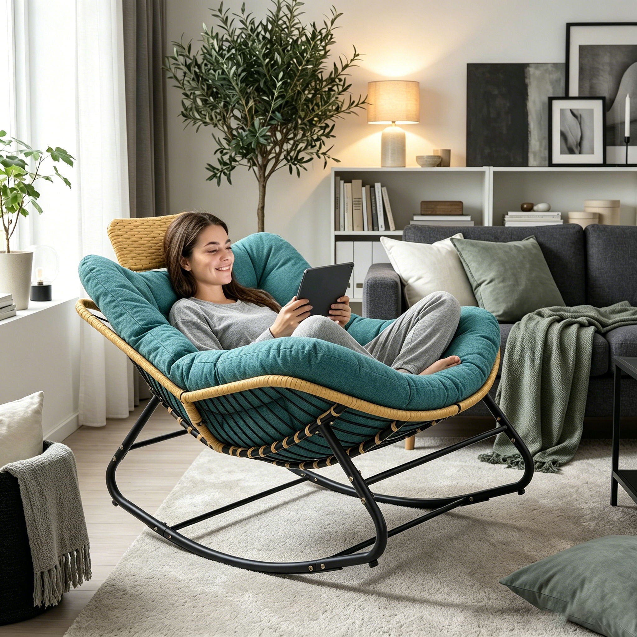 Oversized Papasan Rocking Chair Outdoor With Thick Cushion