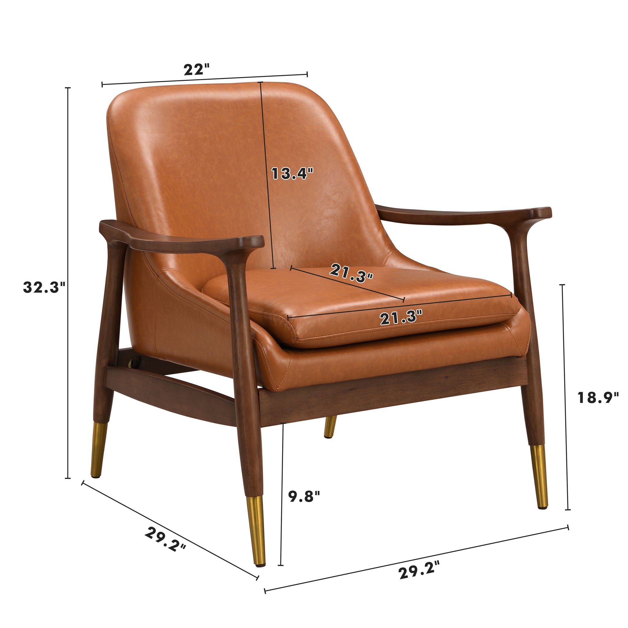 Mid - Century Accent Chair With Cushioned Seat, Brass Tipped Legs