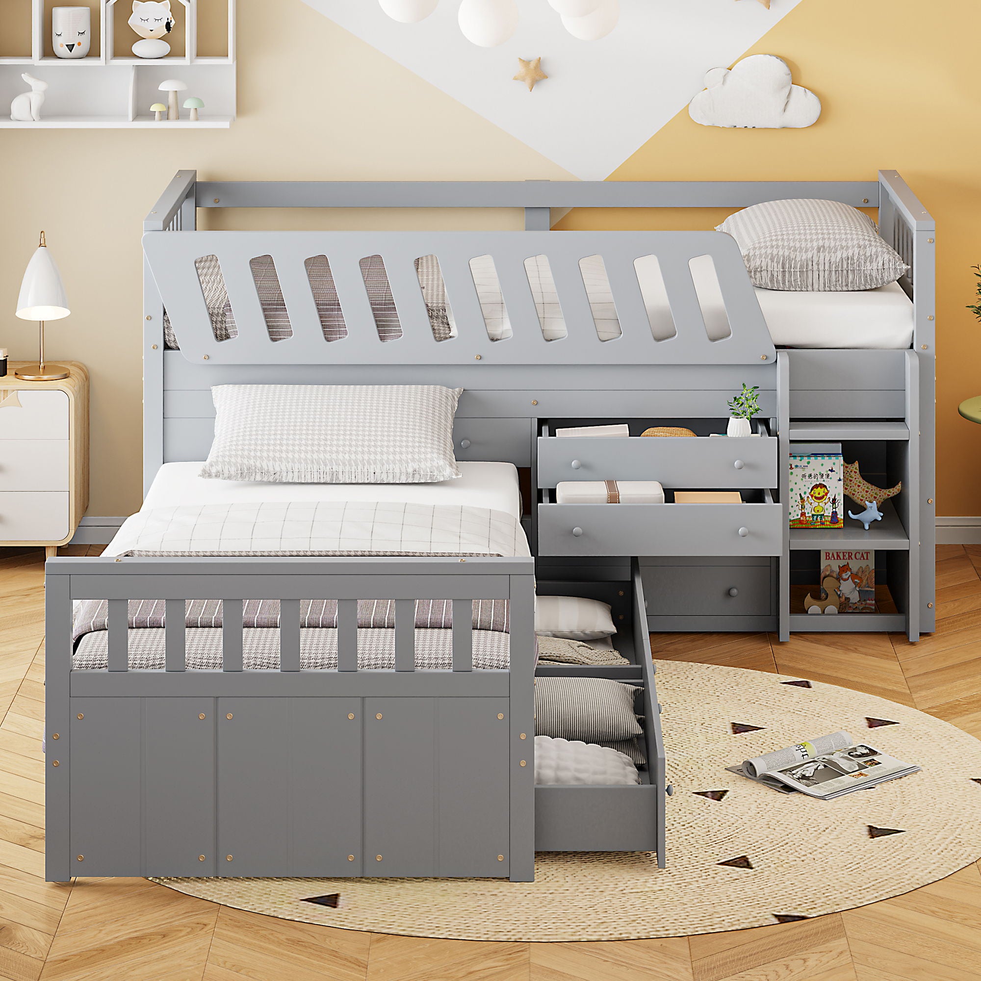 Loft Platform Bed With 7 Drawers And Full Guardrails, Modern L Shaped Space Savin