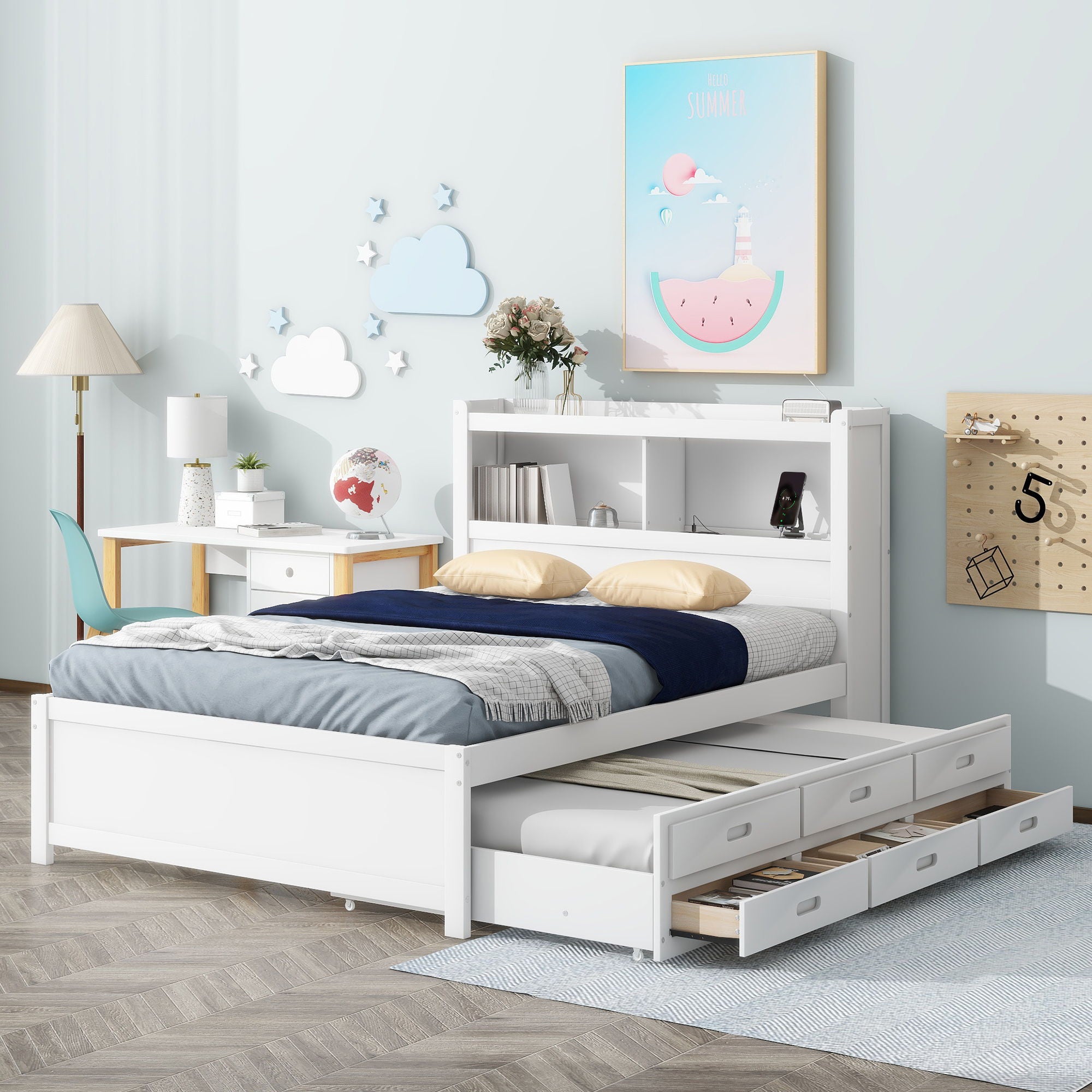 Full Size Platform Bed With Trundle, Drawers, USB Ports And Built In Shelves - White