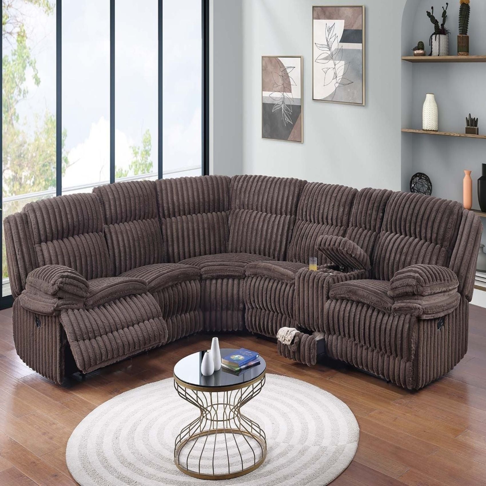 U-Shaped Sectional Sofa With Console Cup Holder, Storage Drawer, Manual Reclining