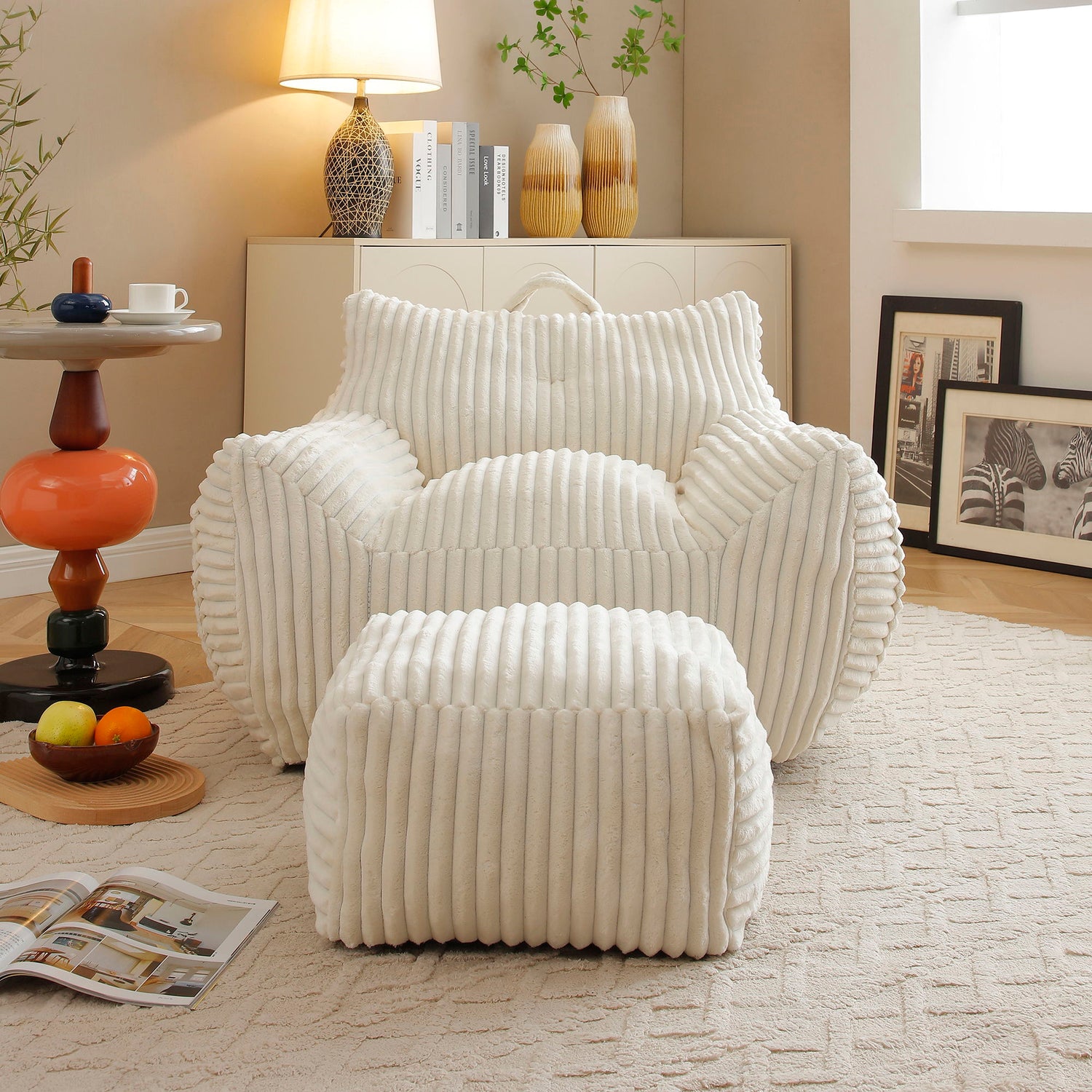 Giant Plush Bean Bag Chair With Armrests And Footstool