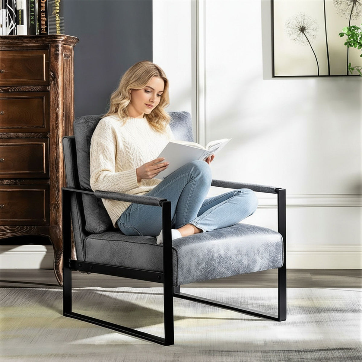 Classic Mid Century Modern Accent Chair With Durable Square Metal Frame, Armchair