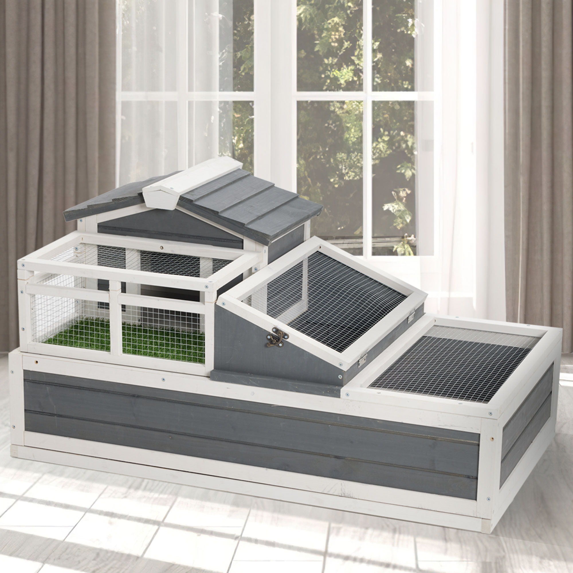 Luxury 3 Room Wooden Tortoise House Habitat With Turf Balcony & 2 Stories - Gray / White