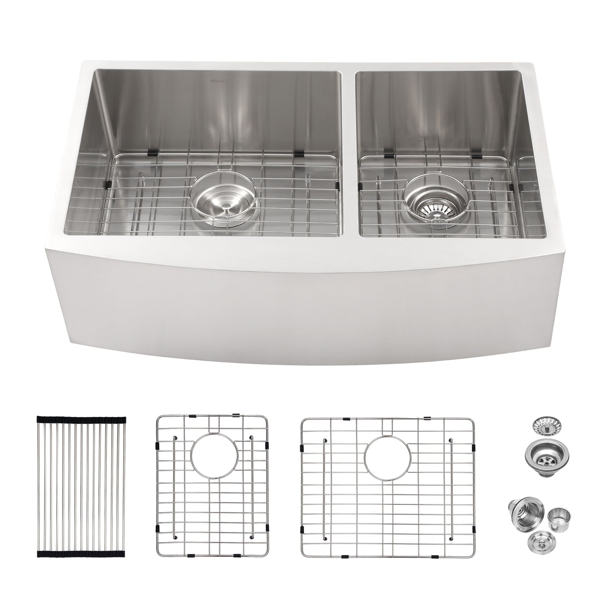 Double Bowl Sink 60 / 40 Split Apron Front Kitchen Sink In 16 Gauge With 2 10" Deep Basins 33" X21" X10" - Brushed Nickel