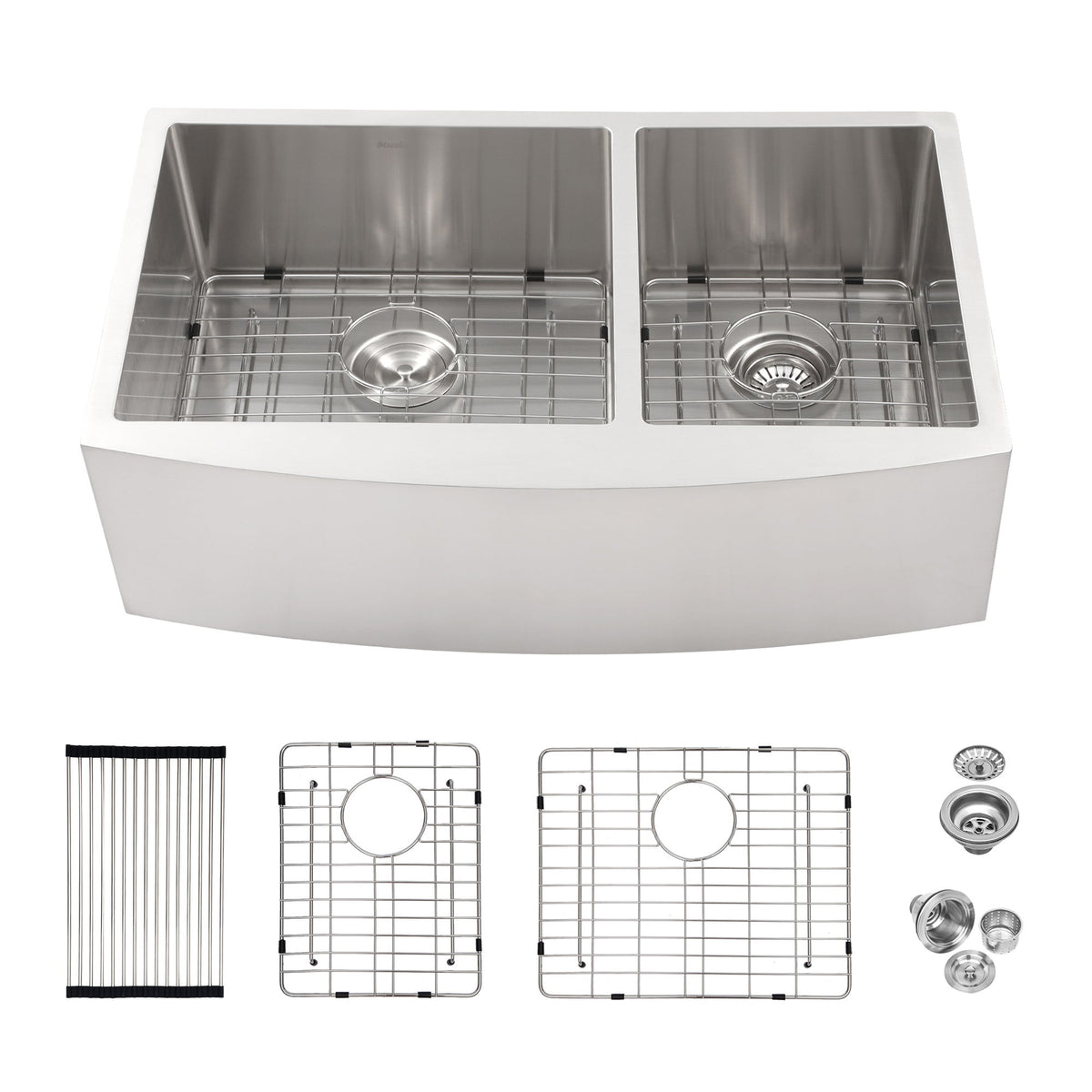 Double Bowl Sink 60 / 40 Split Apron Front Kitchen Sink In 16 Gauge With 2 10" Deep Basins 33" X21" X10" - Brushed Nickel