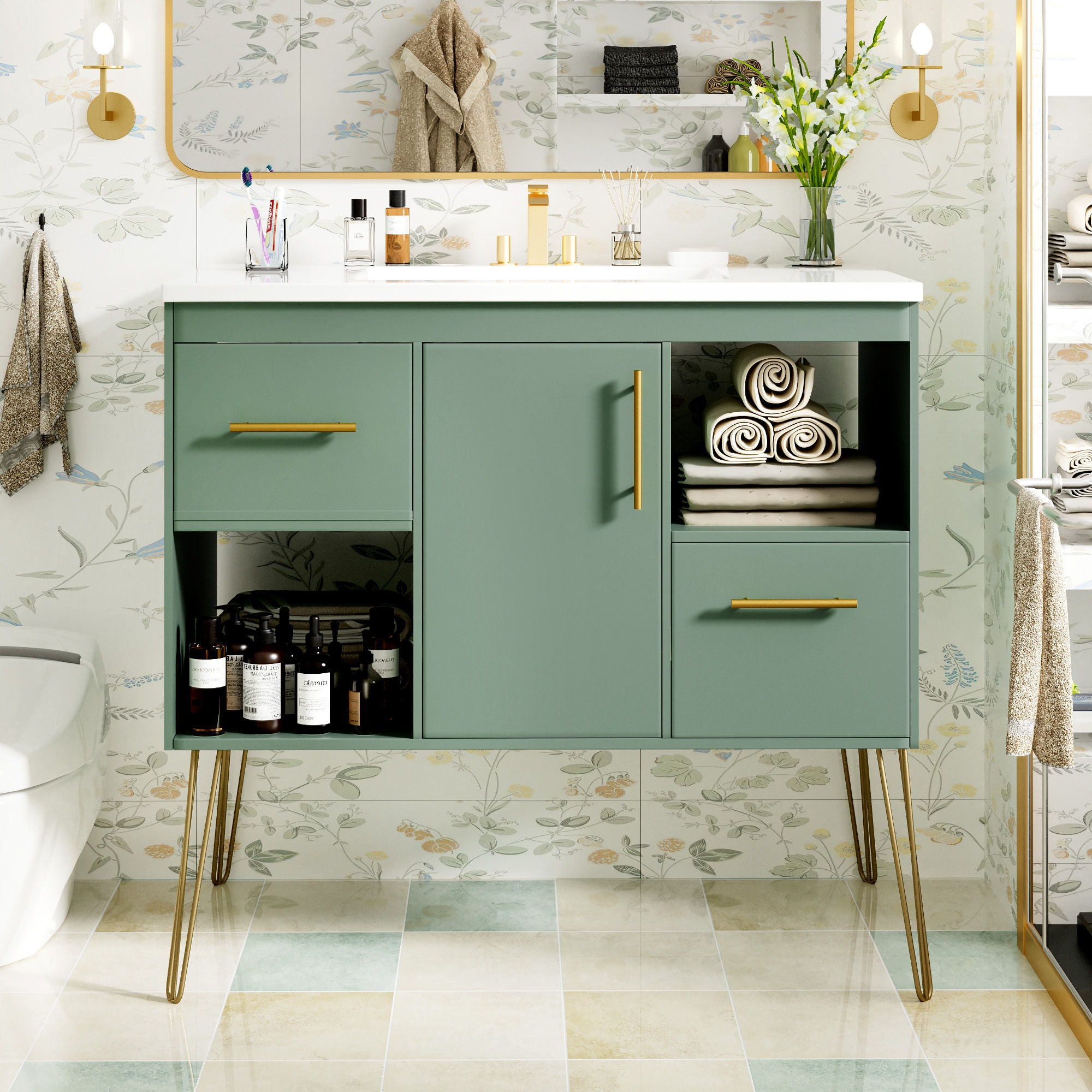 Bathroom Vanity With Resin Sink Combo Set, Modern Freestanding Single Bathroom Cabinet With 2 Drawers & 2 Storage Compartments, Storage Cabinet For Bathroom, Frame Vanity Set - Green