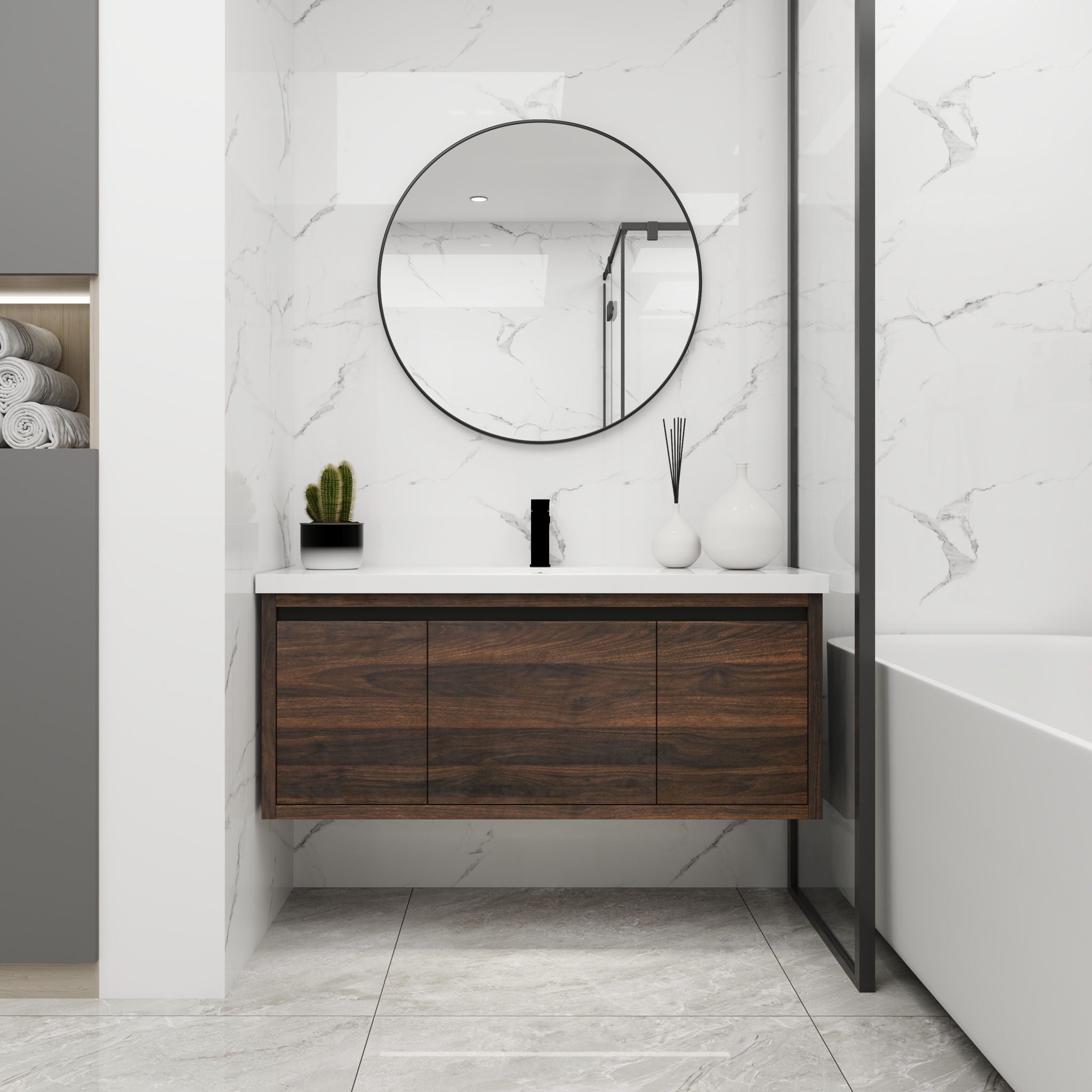 Floating 48" Bathroom Vanity With Resin Sink And Soft Close Doors California Plywood - California Walnut